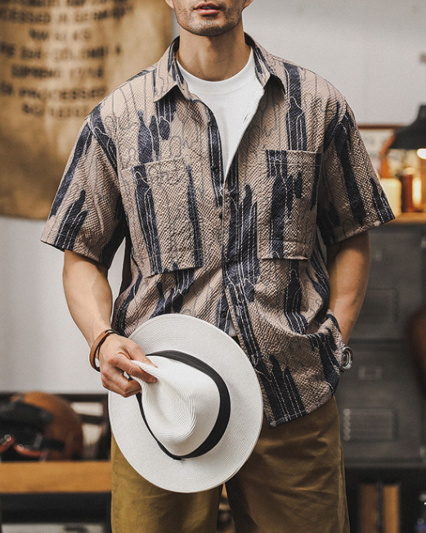 vintage pattern loose short sleeve work shirt 2color 【ACT0227】