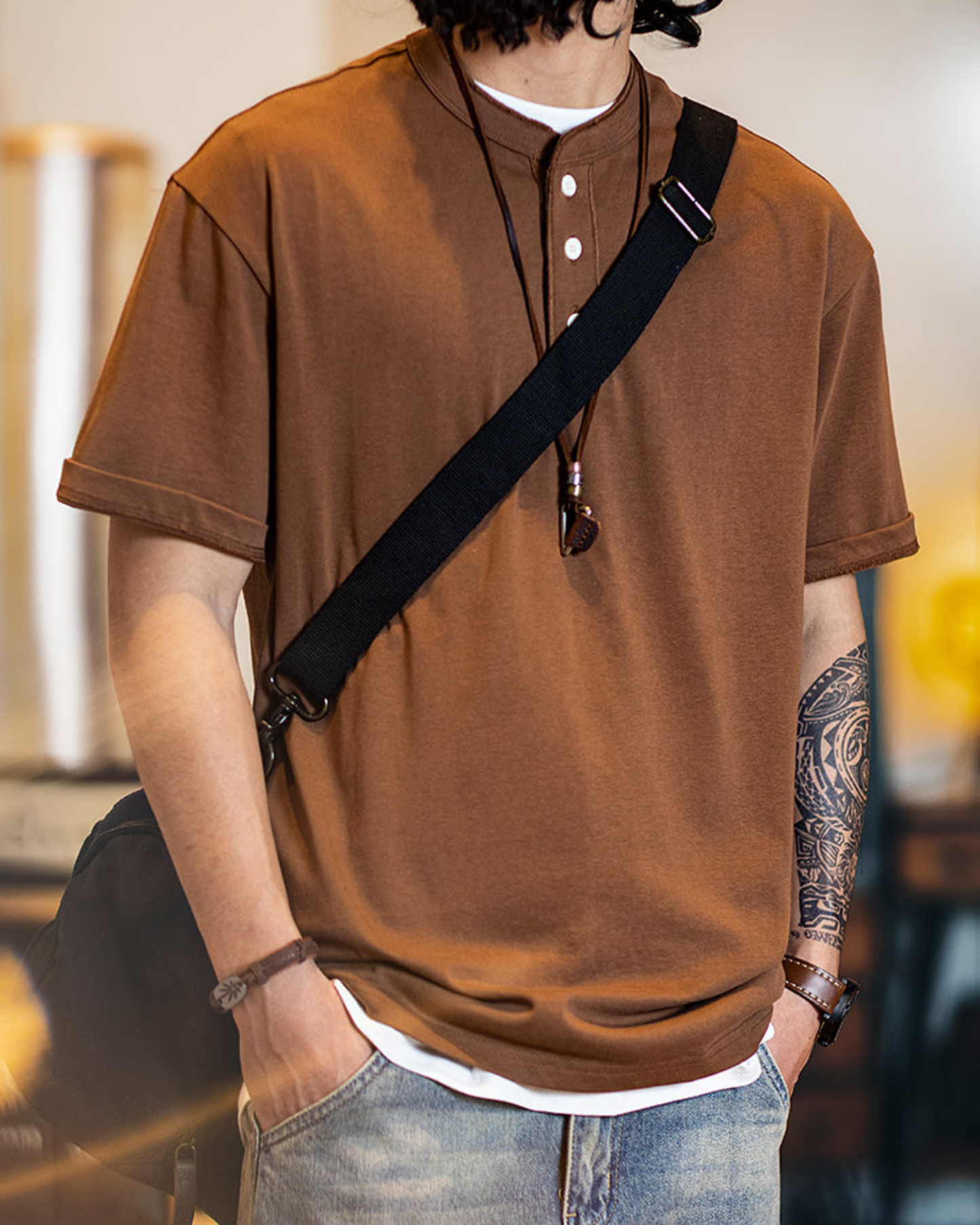 Button detail casual neck t-shirt 4color 【ACT0154】