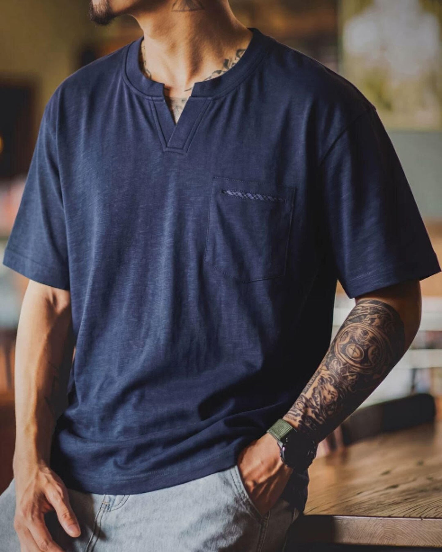 henley neck patch pocketed t-shirt 2color 【ACT0036】