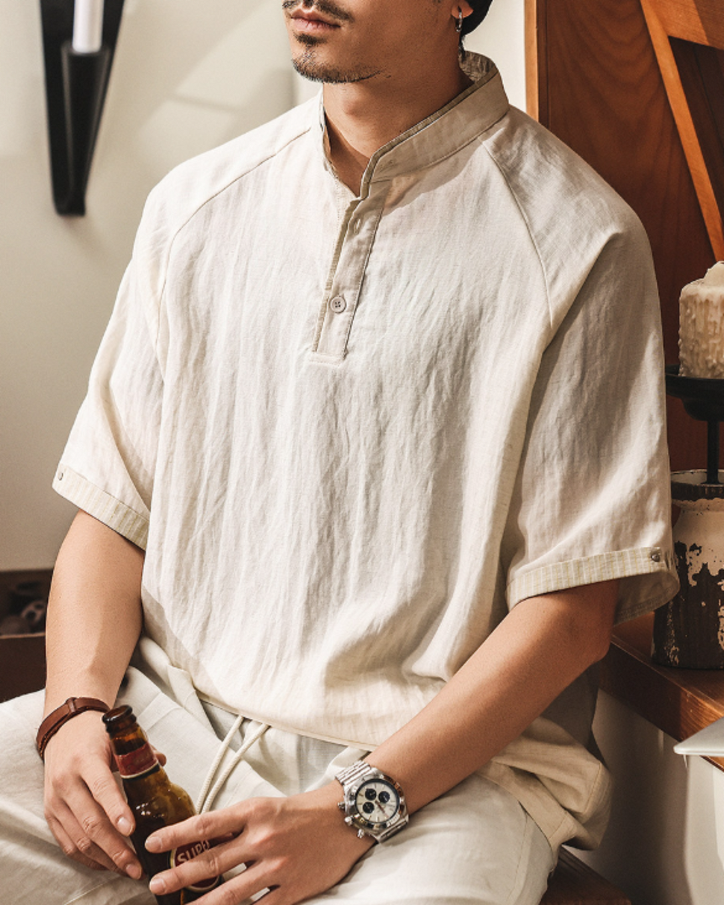 band collar henley neck short sleeve shirt 2color 【ACT0166】