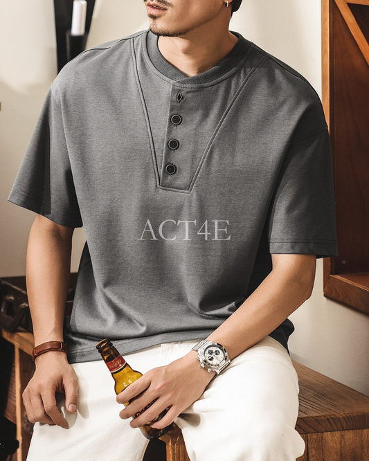 american retro henley neck short sleeve t-shirt 2color 【ACT0161】