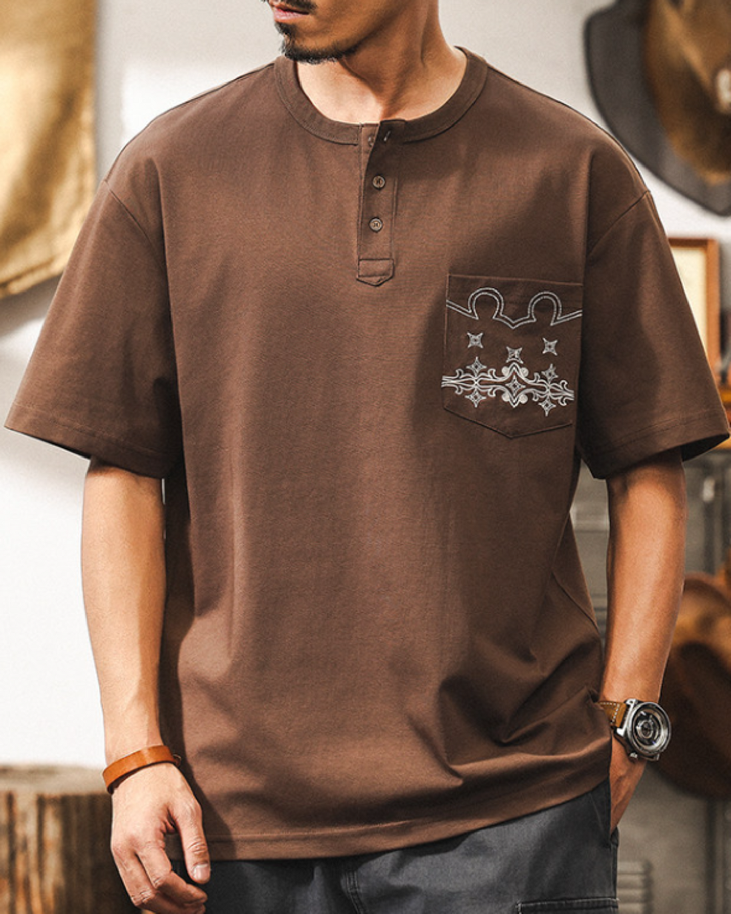 embroidery pocket henley neck short sleeve T-shirt 【ACT0234】