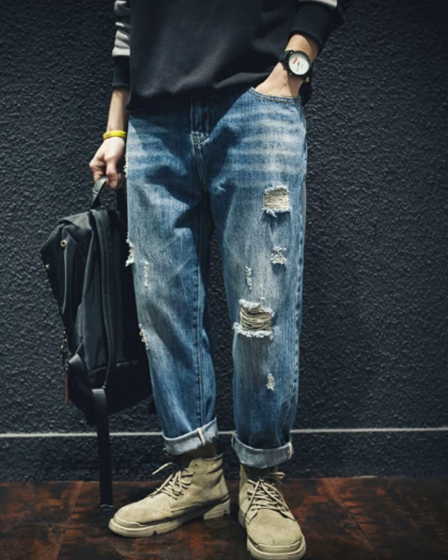 damage processed tapered denim pants 【ACT0014】