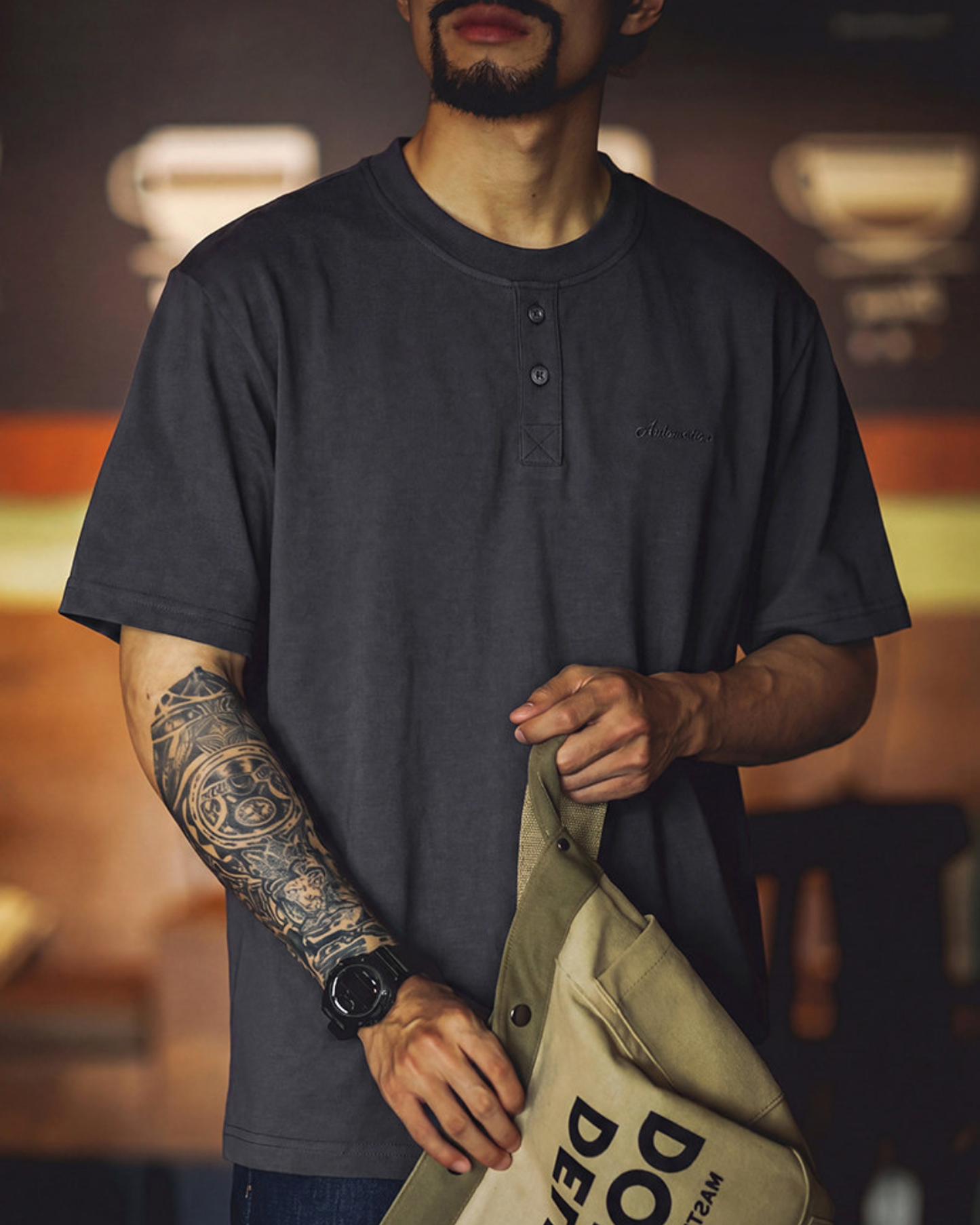 Button henley neck t-shirt 2color 【ACT0055】