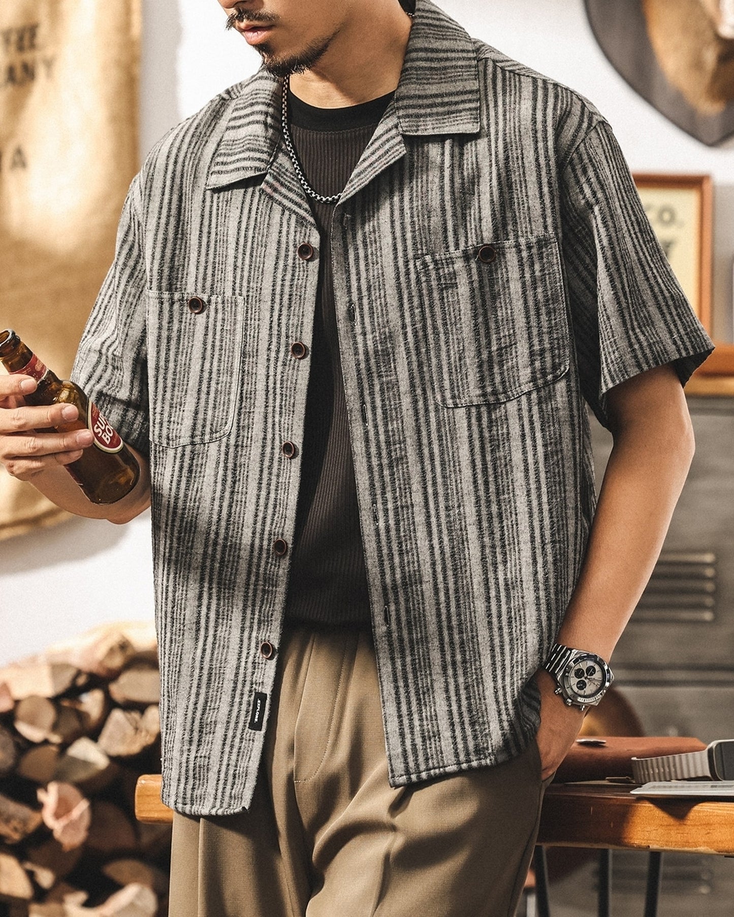 cuban collar linen loose short sleeve shirt 3color 【ACT0231】