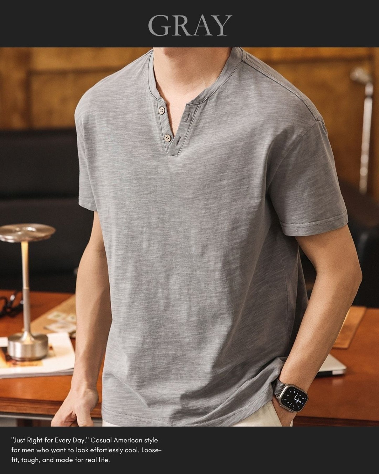 slub cotton henley neck loose short sleeve T-shirt 3color 【ACT0229】