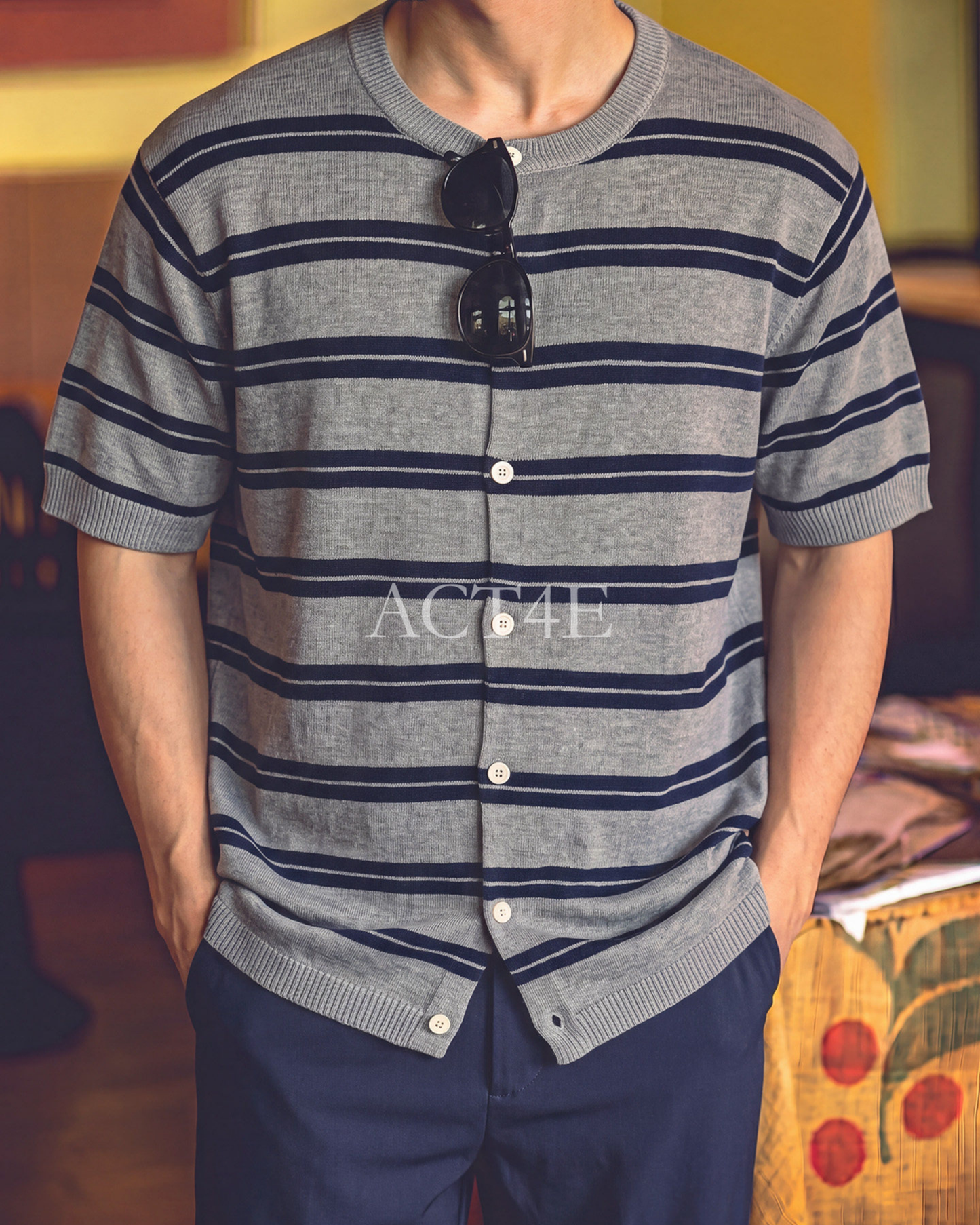 Striped Relaxed Fit Knit Short Sleeve Polo Shirt 2color 【ACT0120】
