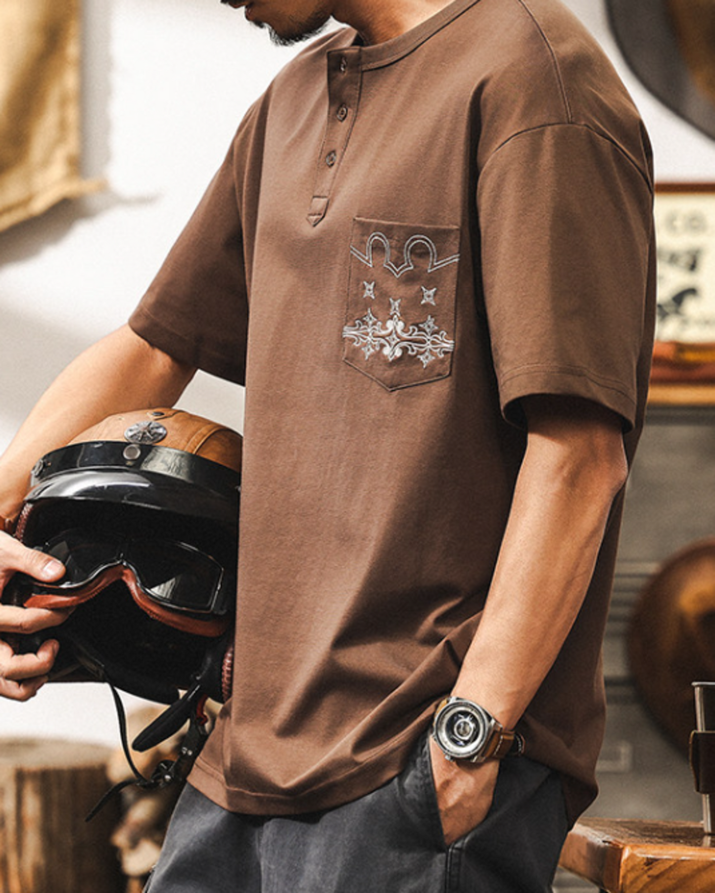 embroidery pocket henley neck short sleeve T-shirt 【ACT0234】