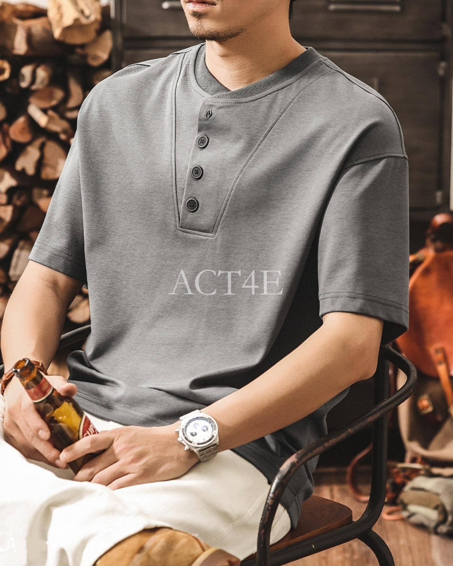 american retro henley neck short sleeve t-shirt 2color 【ACT0161】