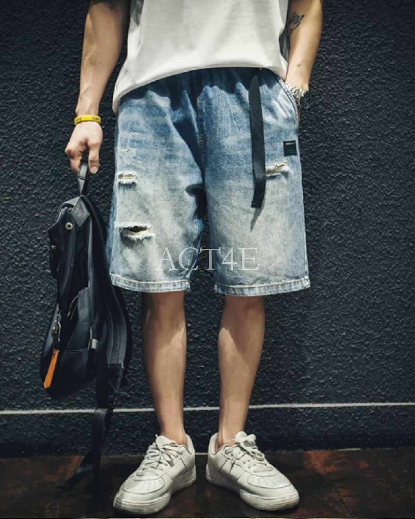 damage processed belted denim half pants 【ACT0005】