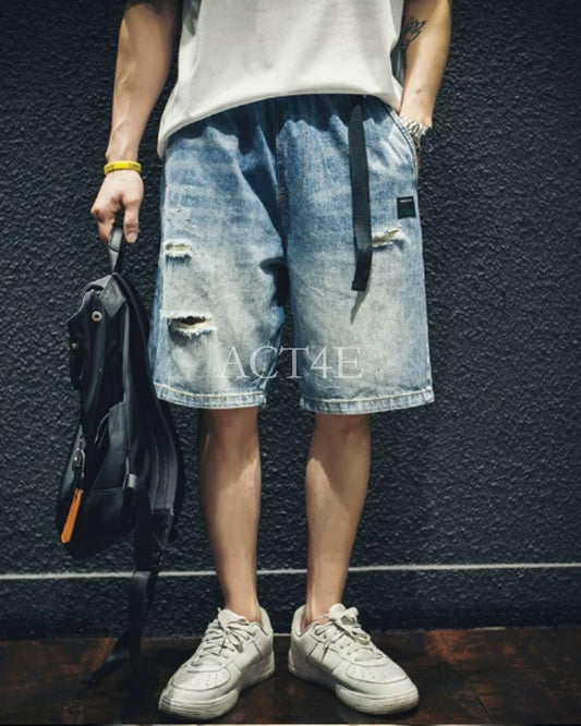 damage processed belted denim half pants 【ACT0005】