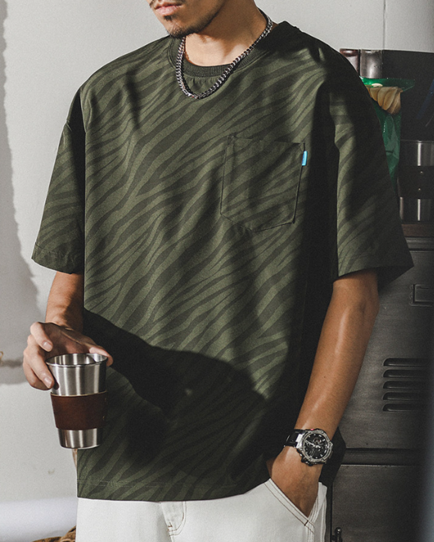 zebra striped pocket short sleeve t-shirt 3color 【ACT0165】