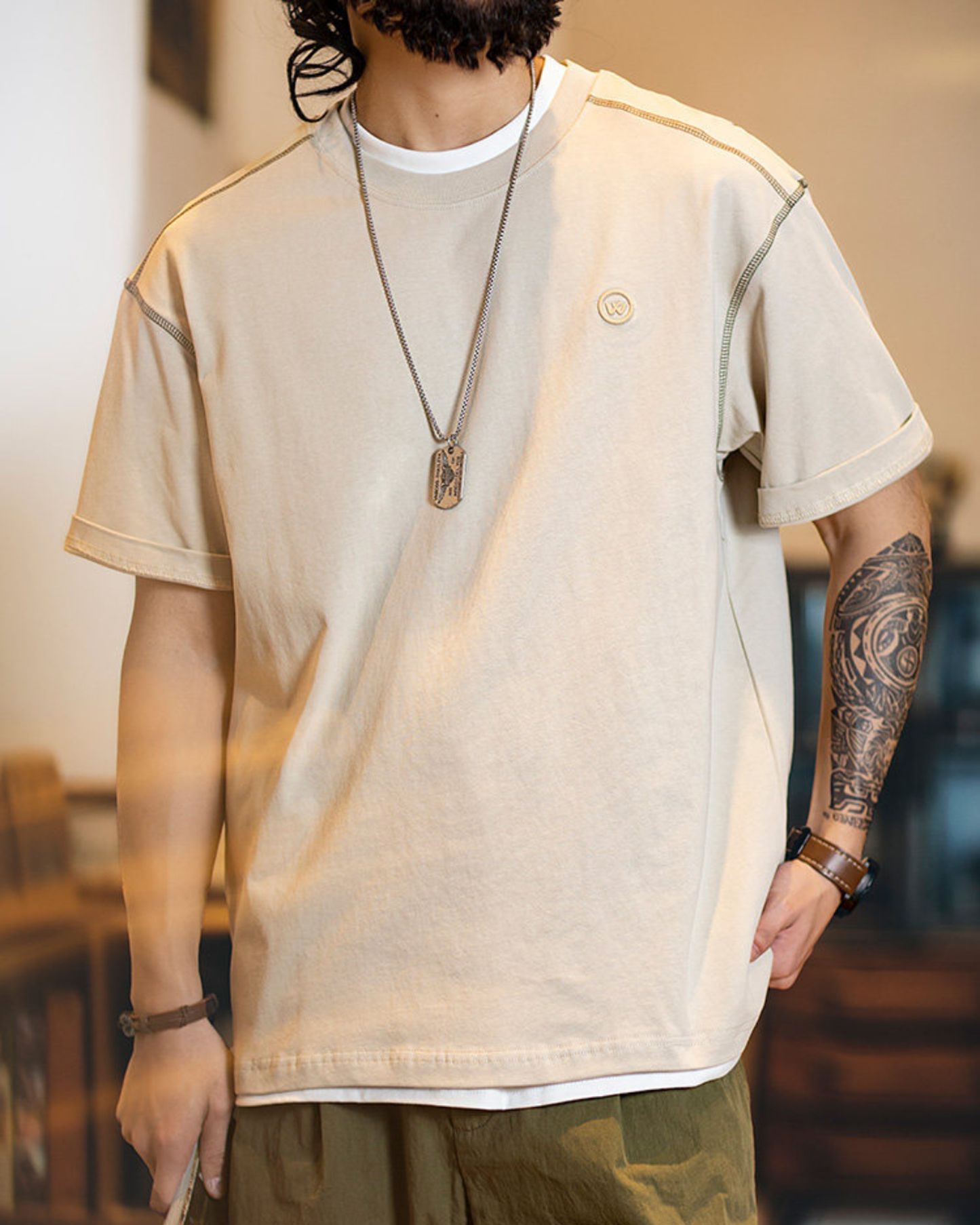 Panel stitched embroidered t-shirt 4color 【ACT0065】