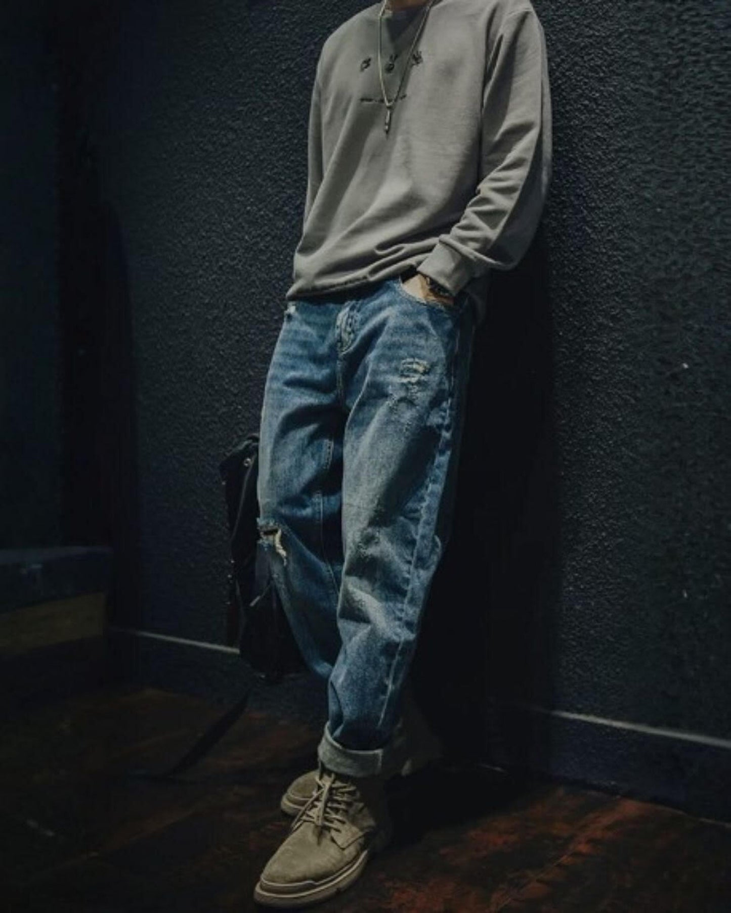 damage straight wide denim pants 【ACT0015】