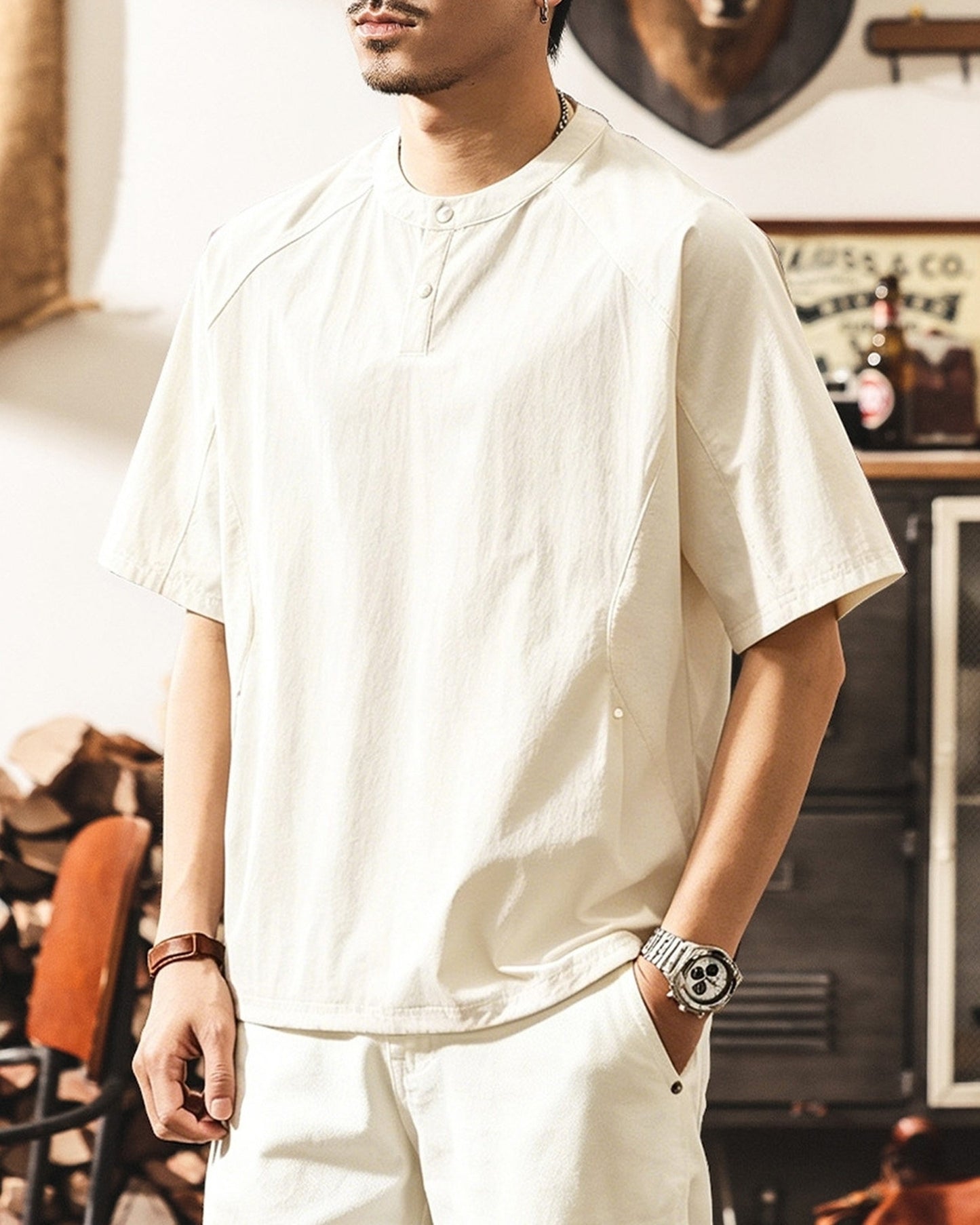 functional henley neck short sleeve t-shirt 2color 【ACT0162】