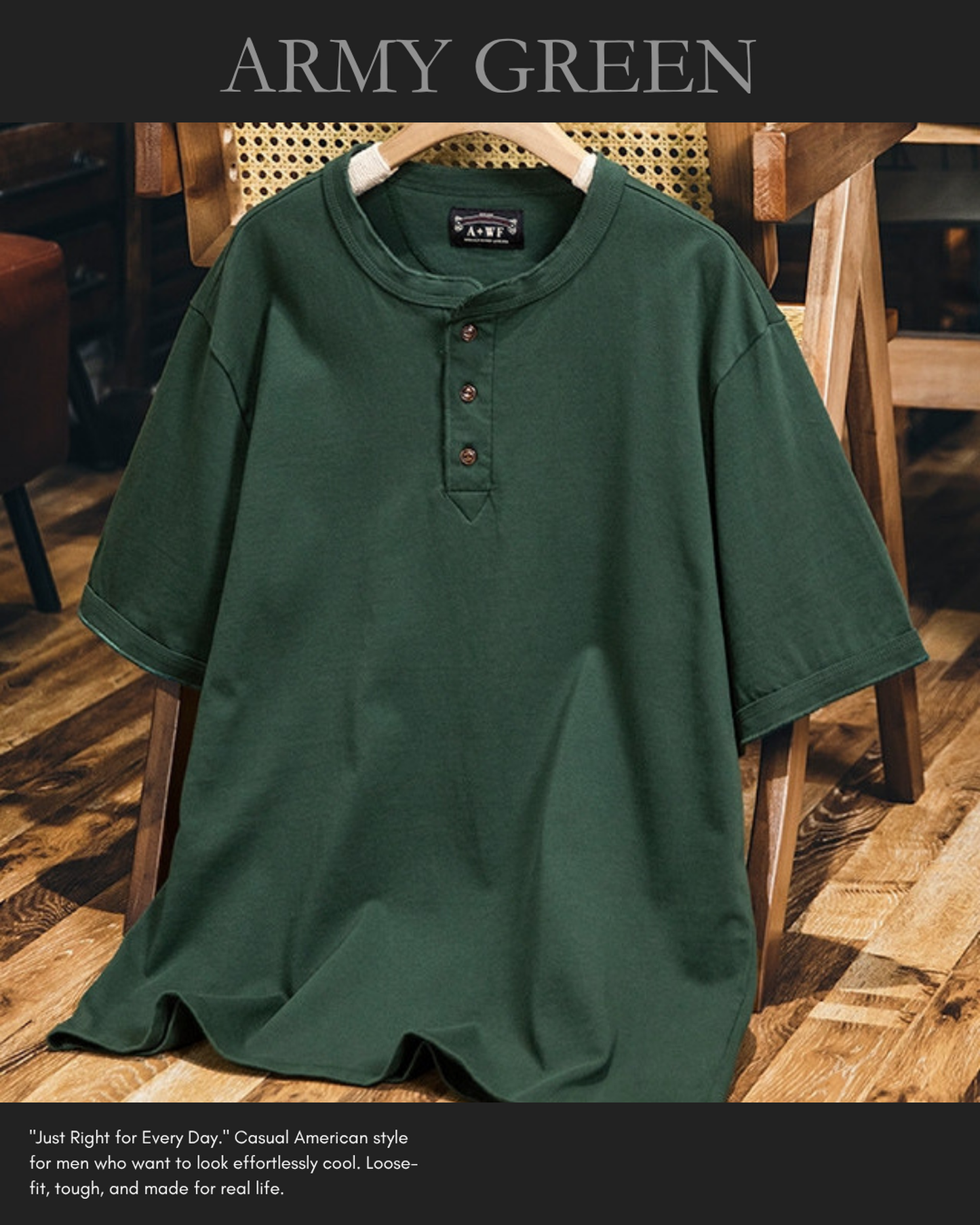 vintage henley neck solid short sleeve t-shirt 5color 【ACT0158】