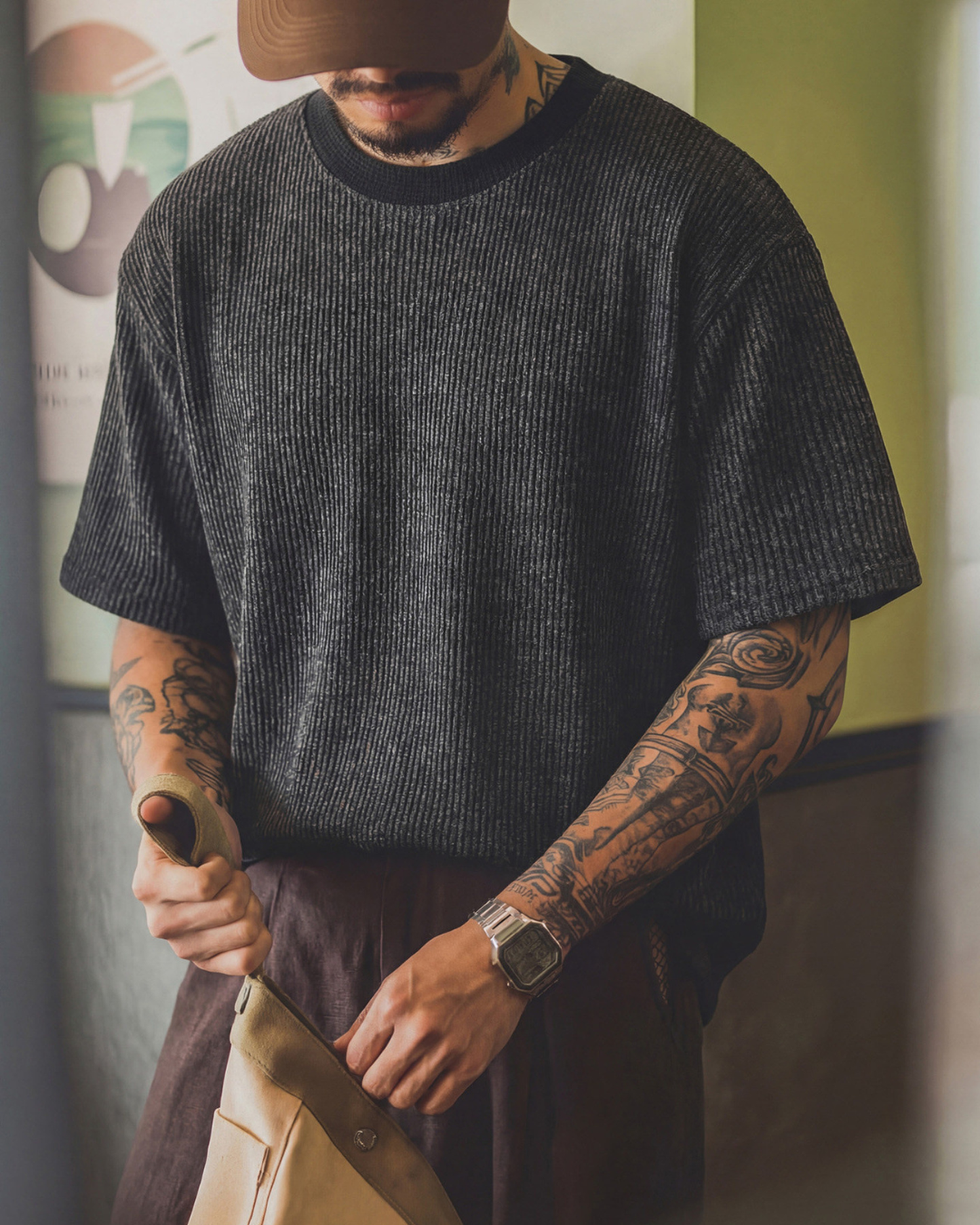 Vertical stripe rib knit t-shirt 【ACT0064】