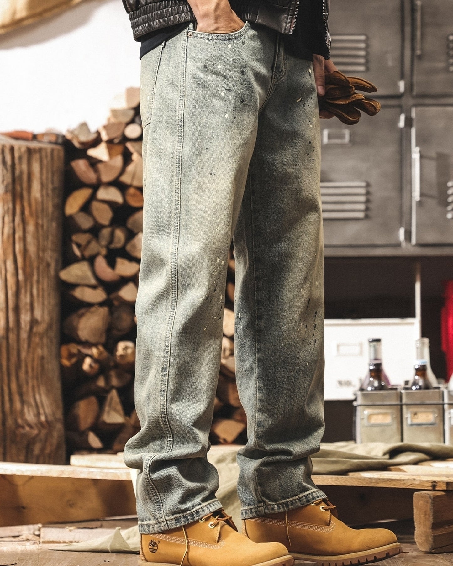 vintage wash splash loose straight denim pants 【ACT0225】