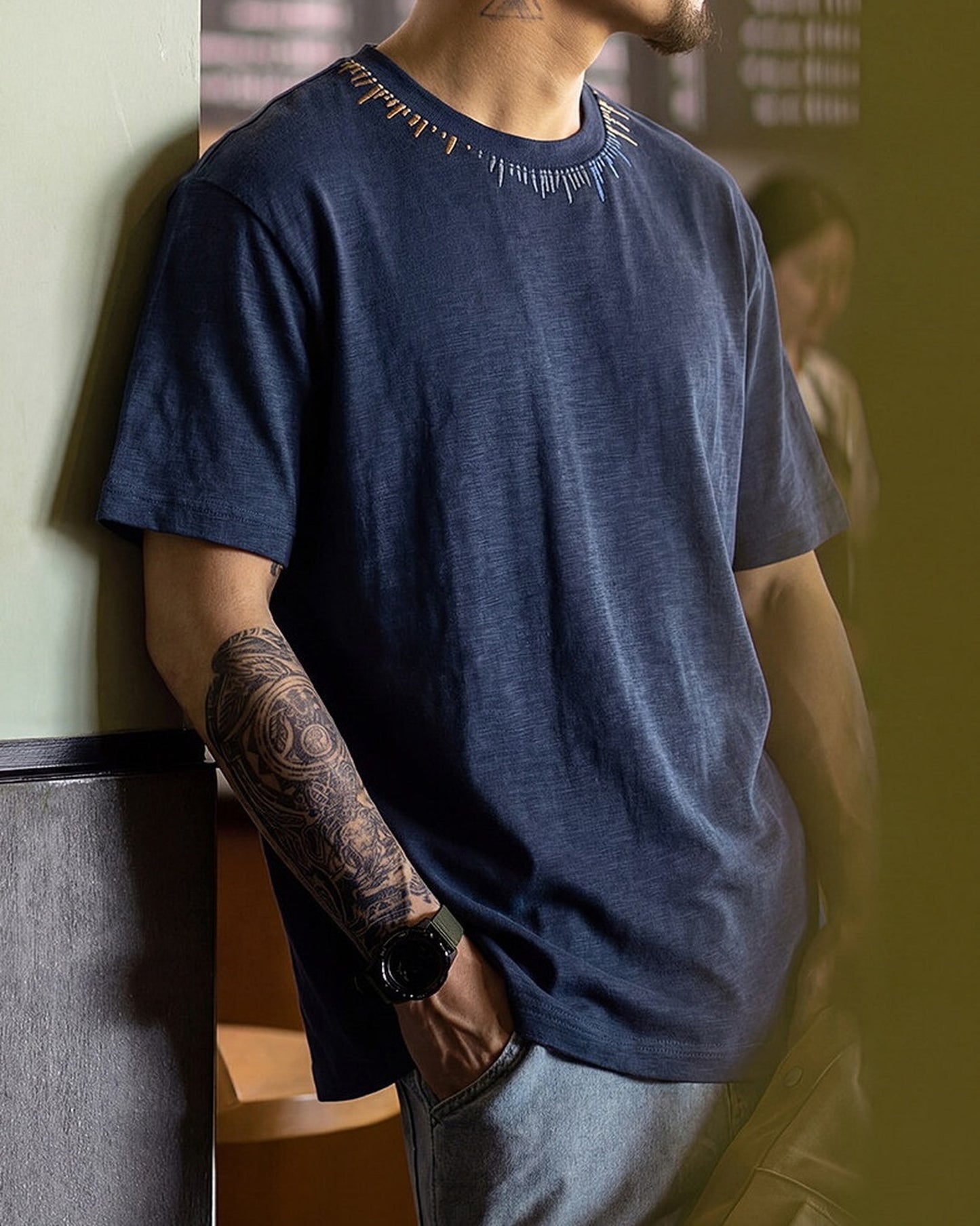 Neckline-Embroidery Casual Loose T-Shirt 2color 【ACT0084】