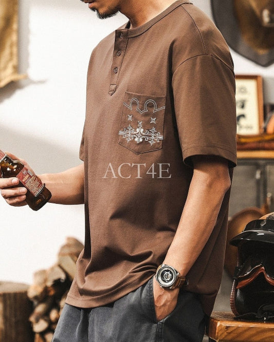 embroidery pocket henley neck short sleeve T-shirt 【ACT0234】