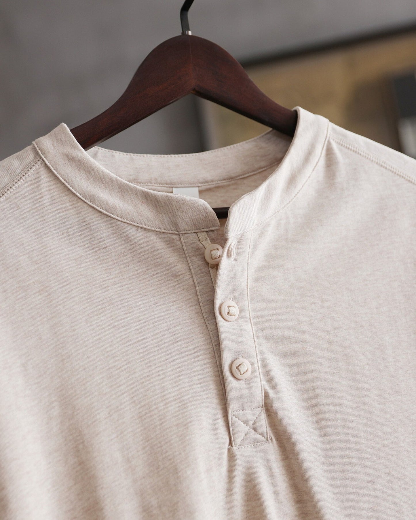 Henley-Neck Slub-Cotton Loose-Casual Short-Sleeve T-Shirt 2color 【ACT0126】