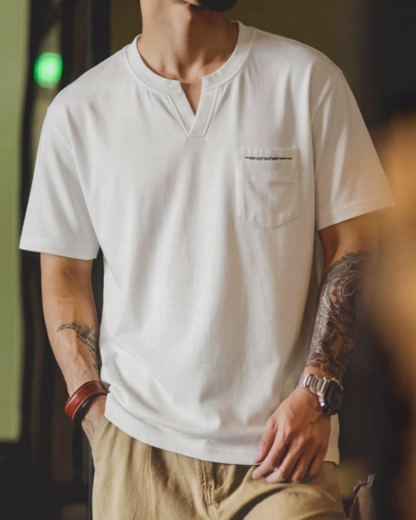 henley neck patch pocketed t-shirt 2color 【ACT0036】