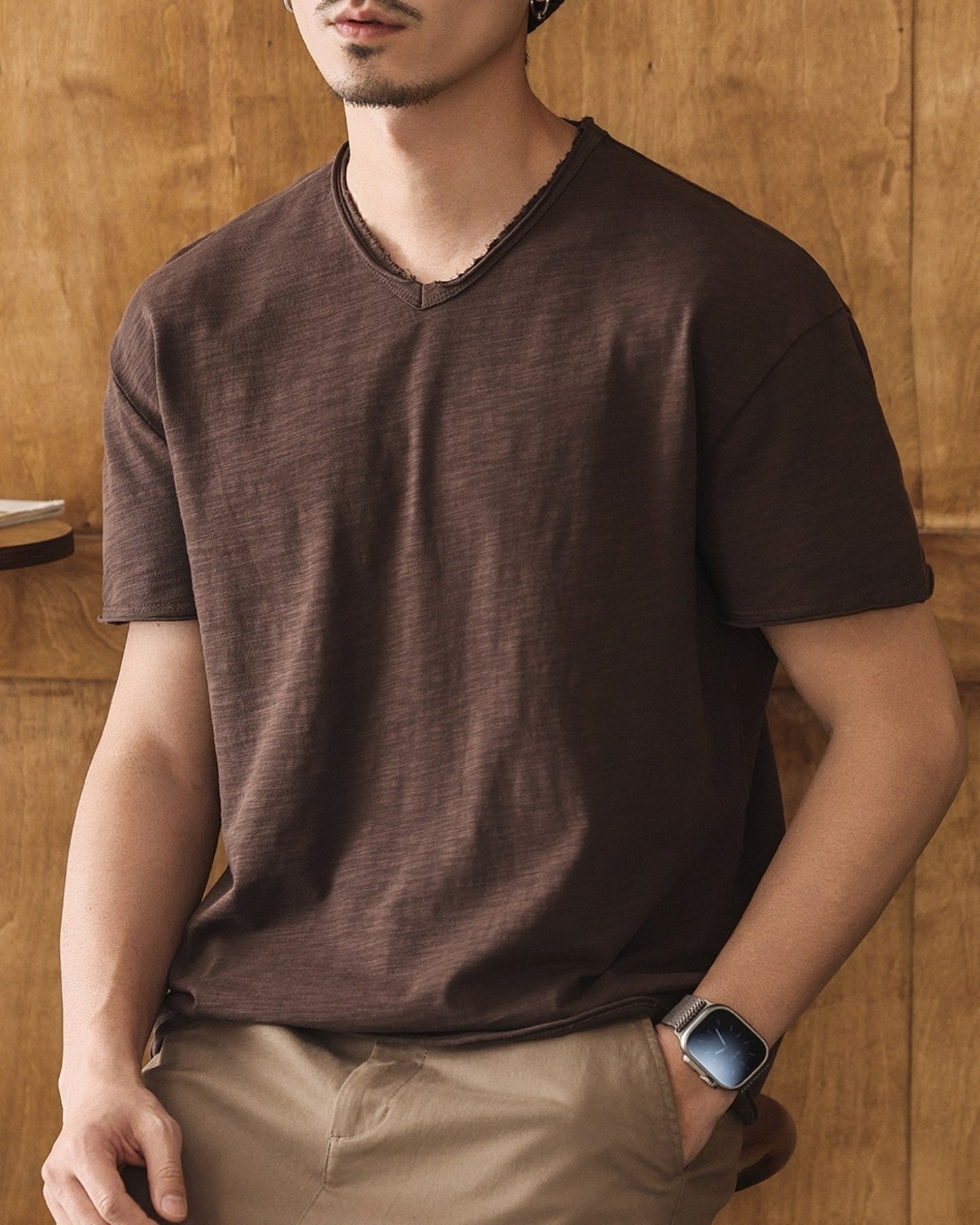 american retro slub cotton v-neck short sleeve t-shirt 7color 【ACT0160】