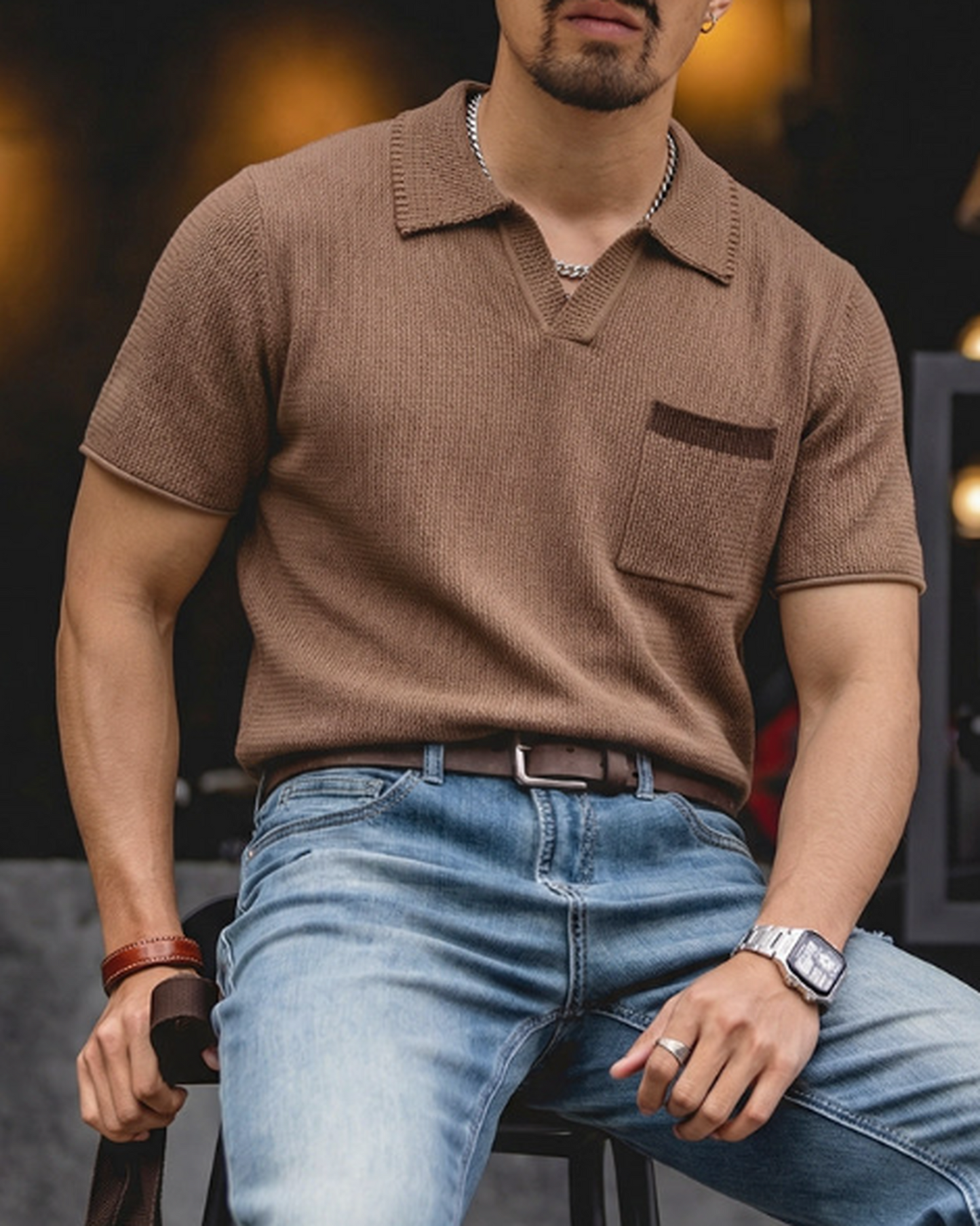 V-Neck Knit Pocket Loose Casual Short-Sleeve Polo Shirt 【ACT0133】