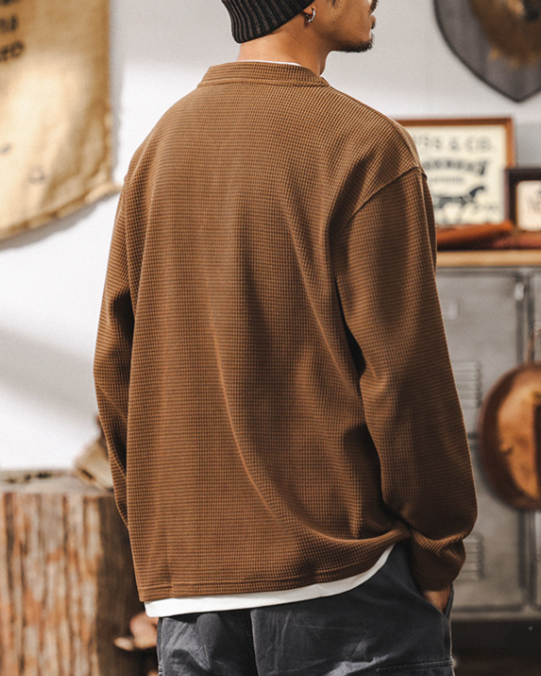 【M-4XL】waffle henley neck long sleeve shirt 【ACT0249】