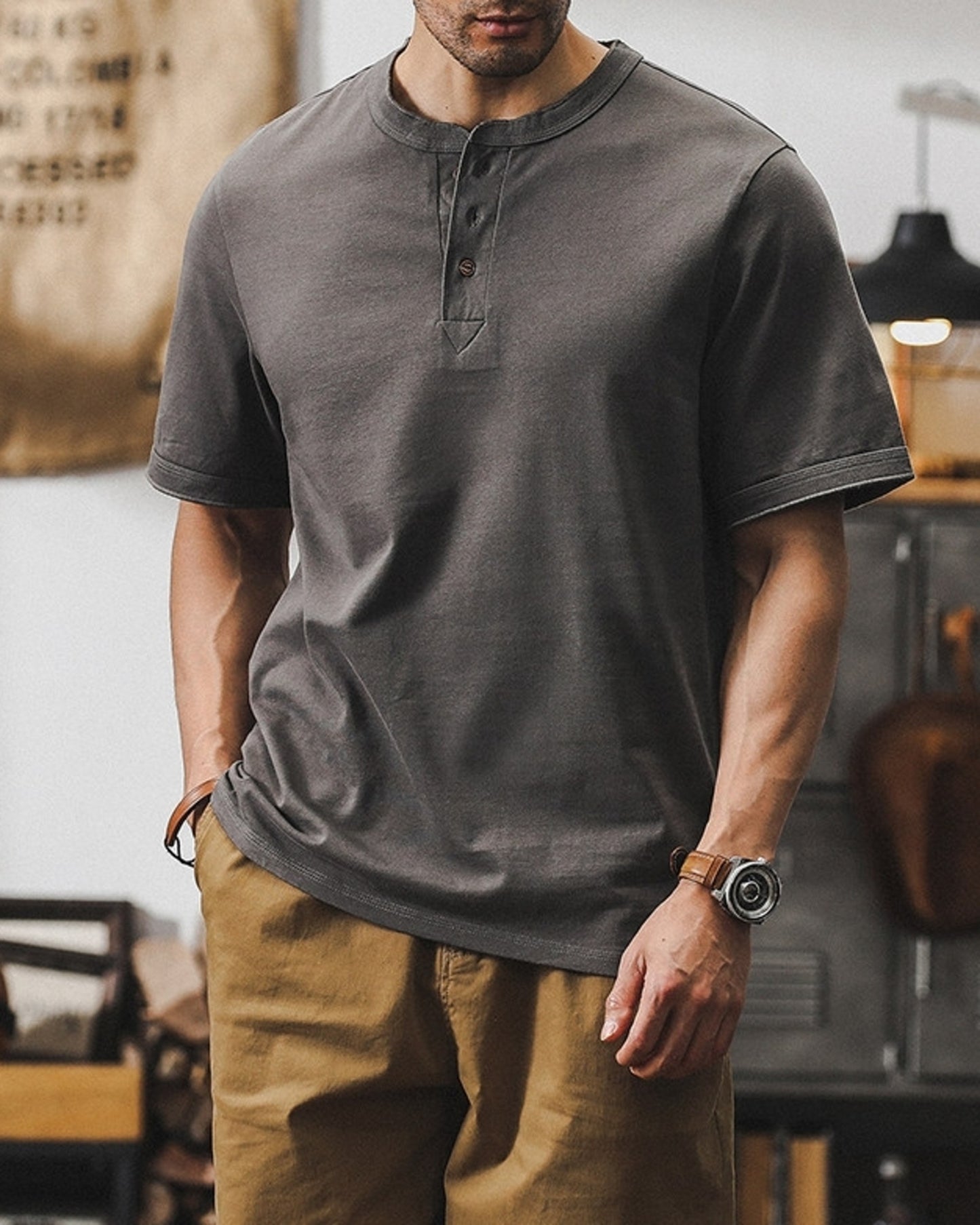 loose cotton henley neck t-shirt 5color 【ACT0164】
