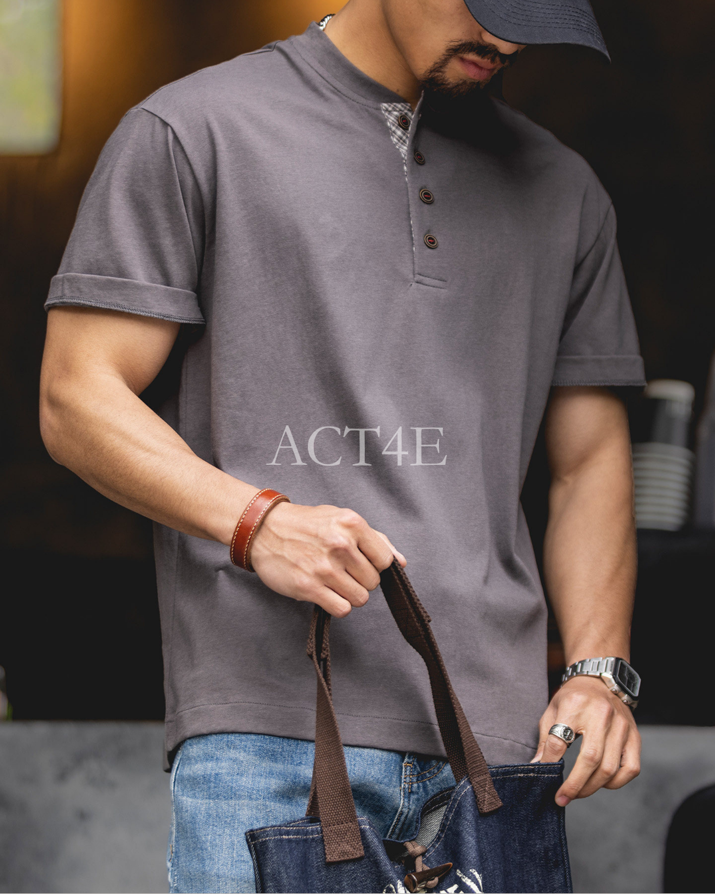 Check Plaid Henley-Neck Loose Casual T-Shirt 【ACT0078】