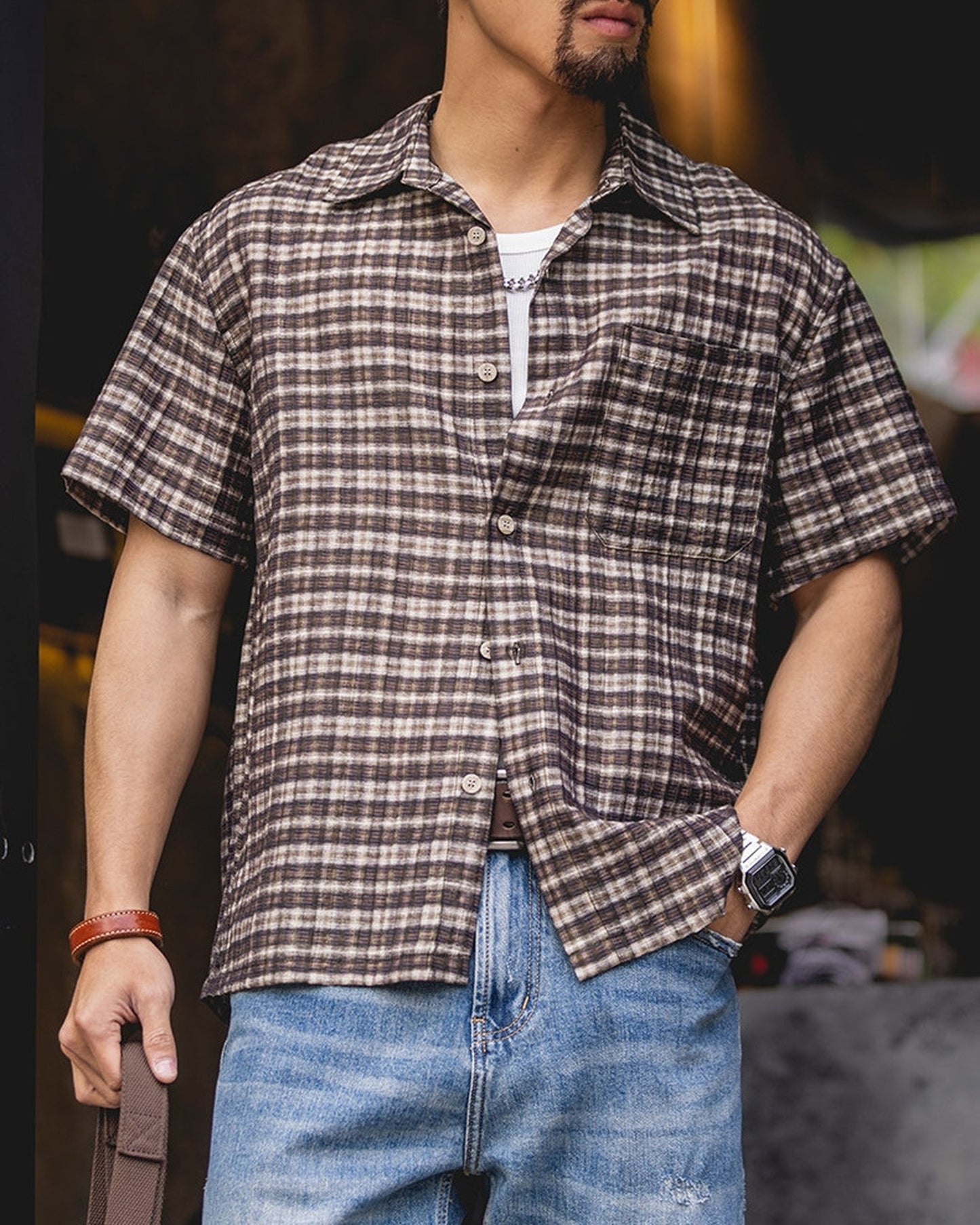 Classic-Check Pocket Loose Casual Short-Sleeve Shirt 【ACT0130】