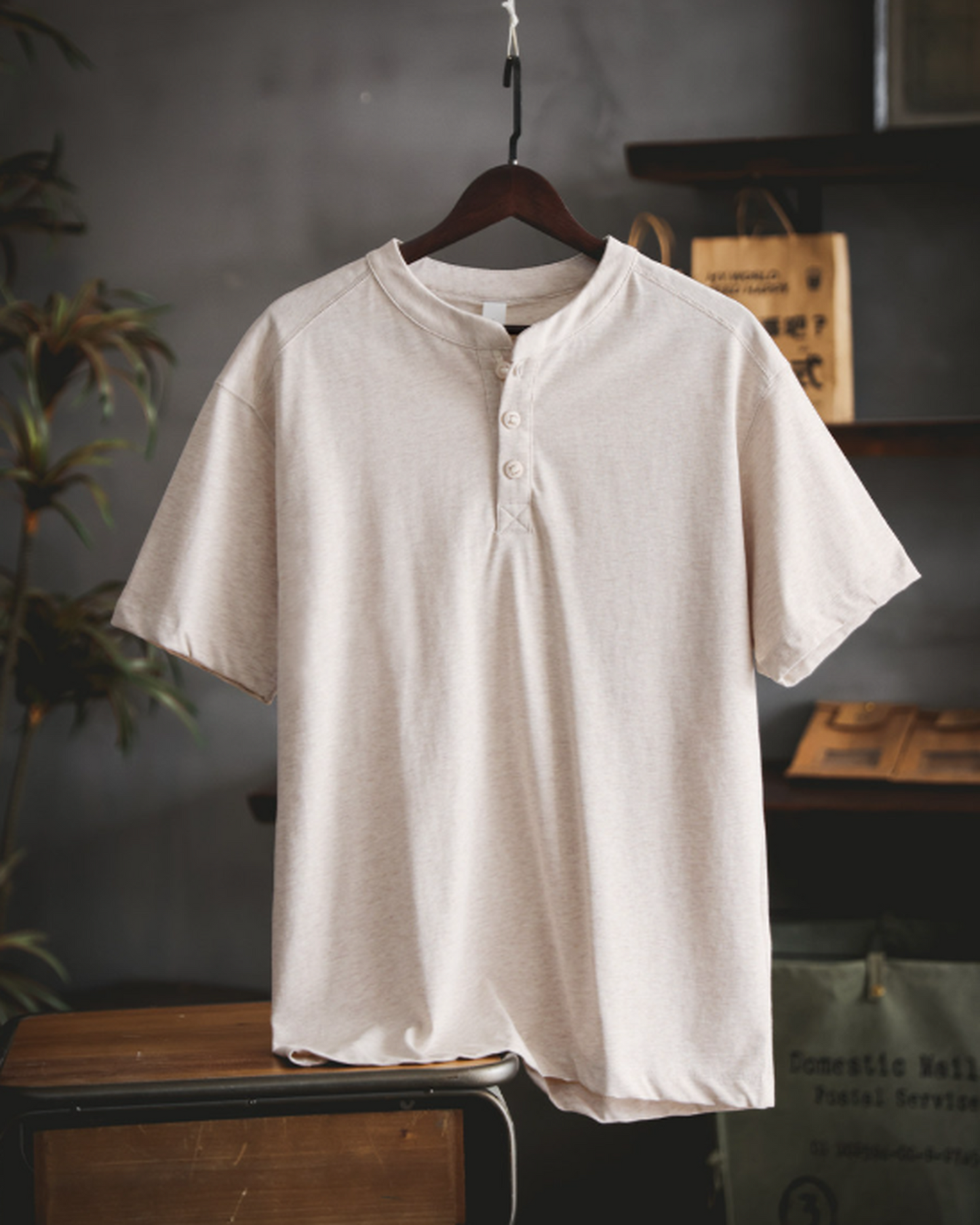 Henley-Neck Slub-Cotton Loose-Casual Short-Sleeve T-Shirt 2color 【ACT0126】
