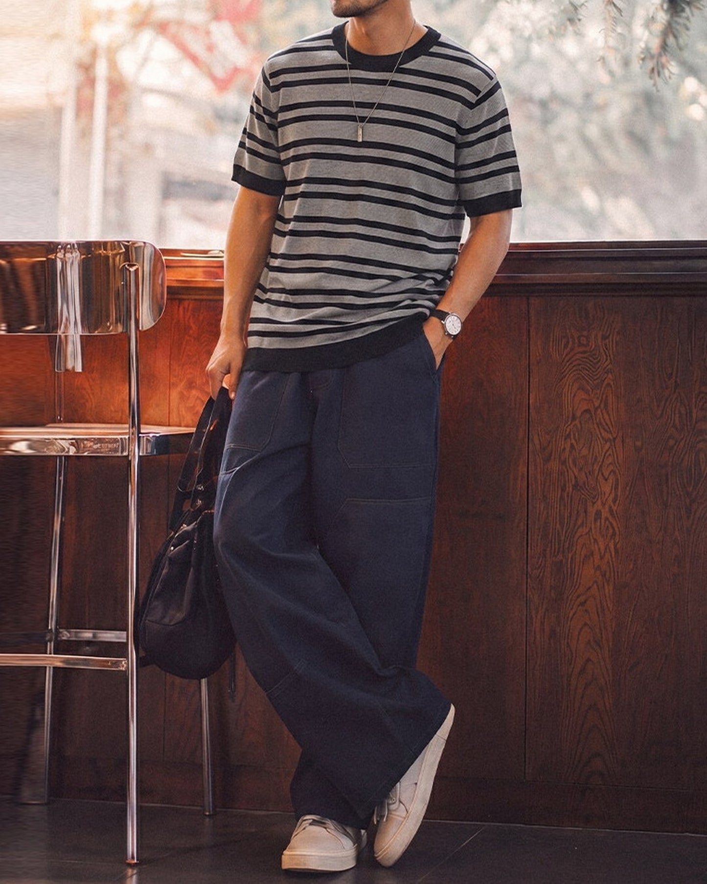 Striped Relaxed Fit Knit Short Sleeve Polo Shirt 2color 【ACT0120】