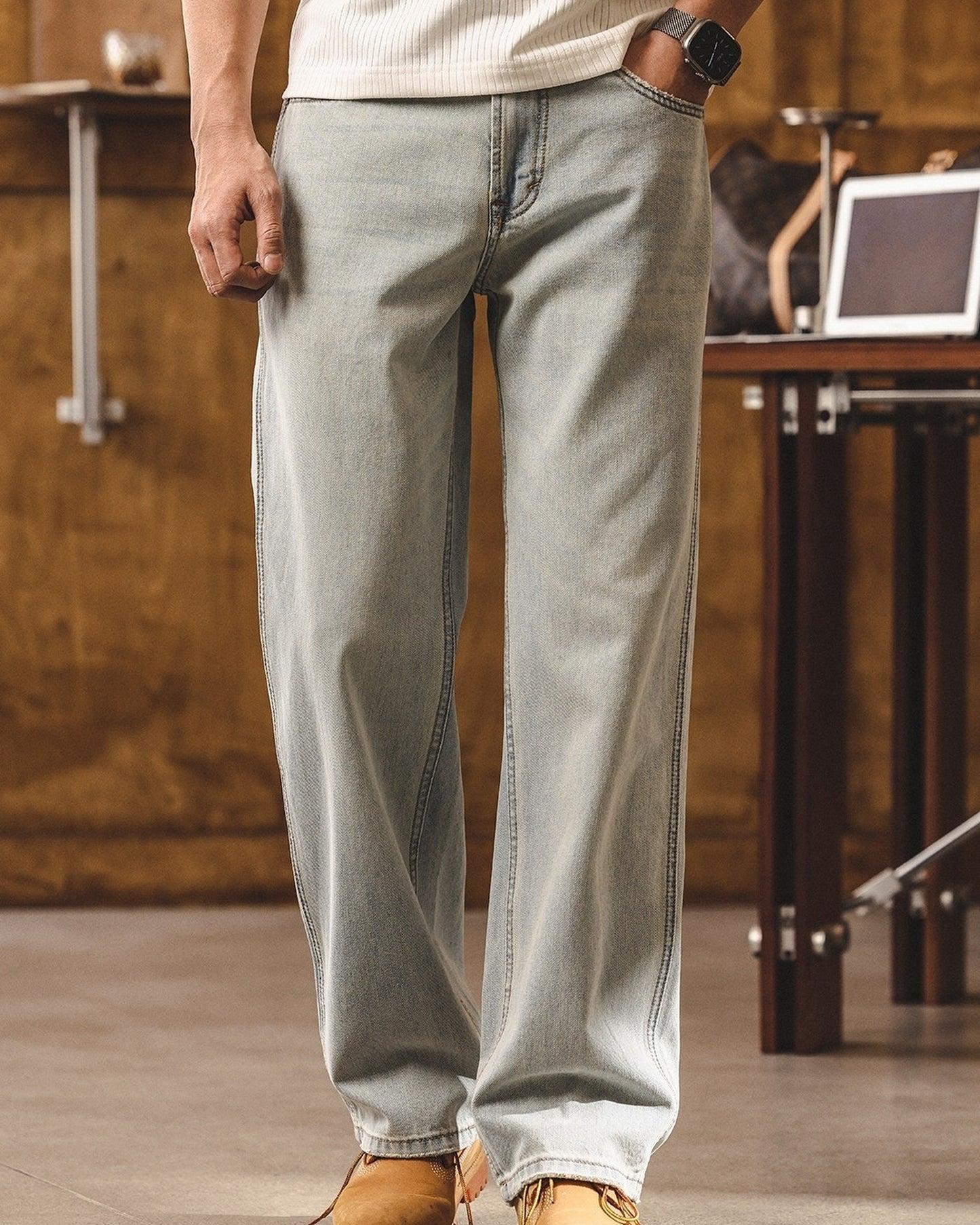 ice blue relaxed straight denim pants 【ACT0181】