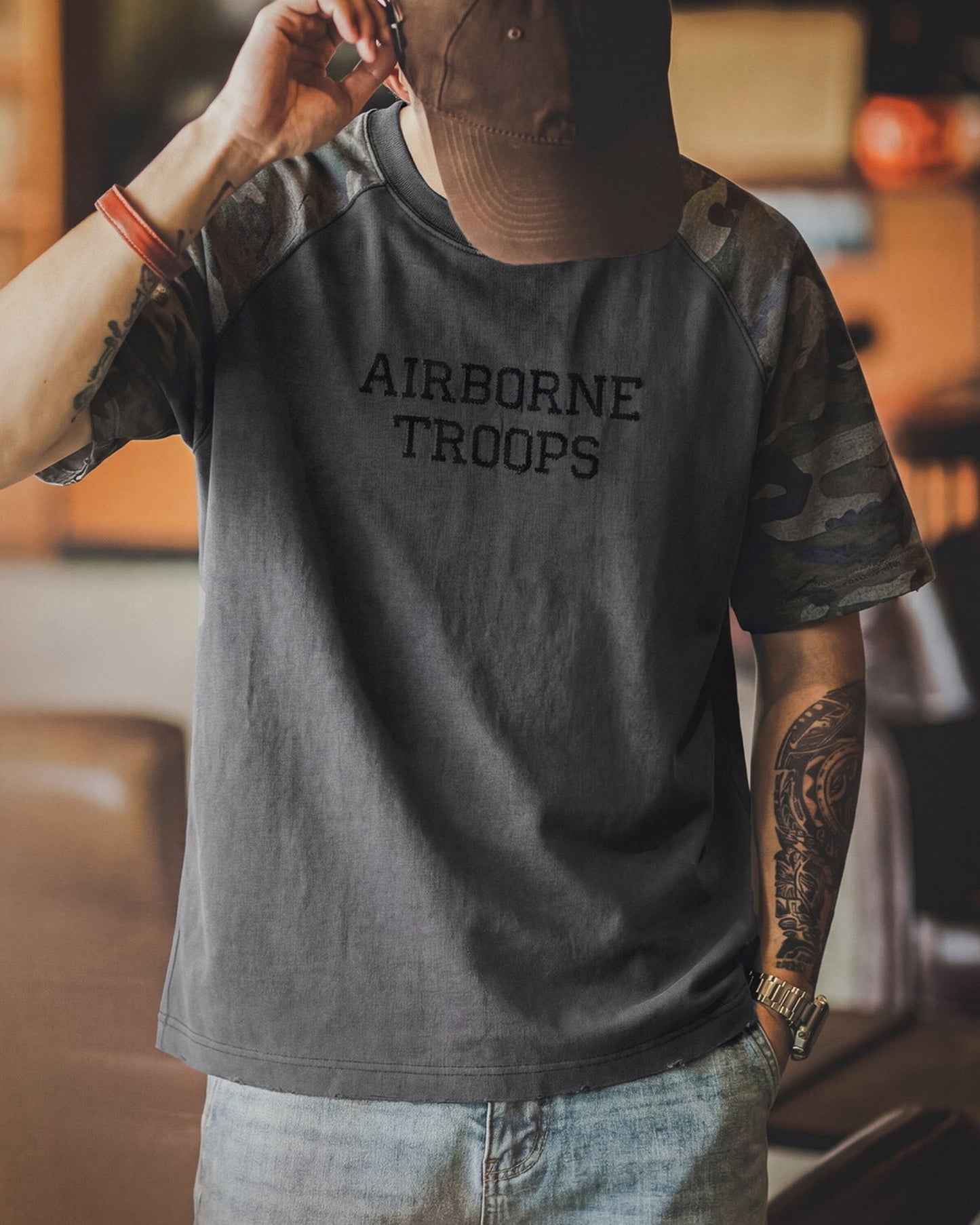 Military-Camo Raglan-Sleeve Loose Casual Short-Sleeve T-Shirt 2color 【ACT0127】