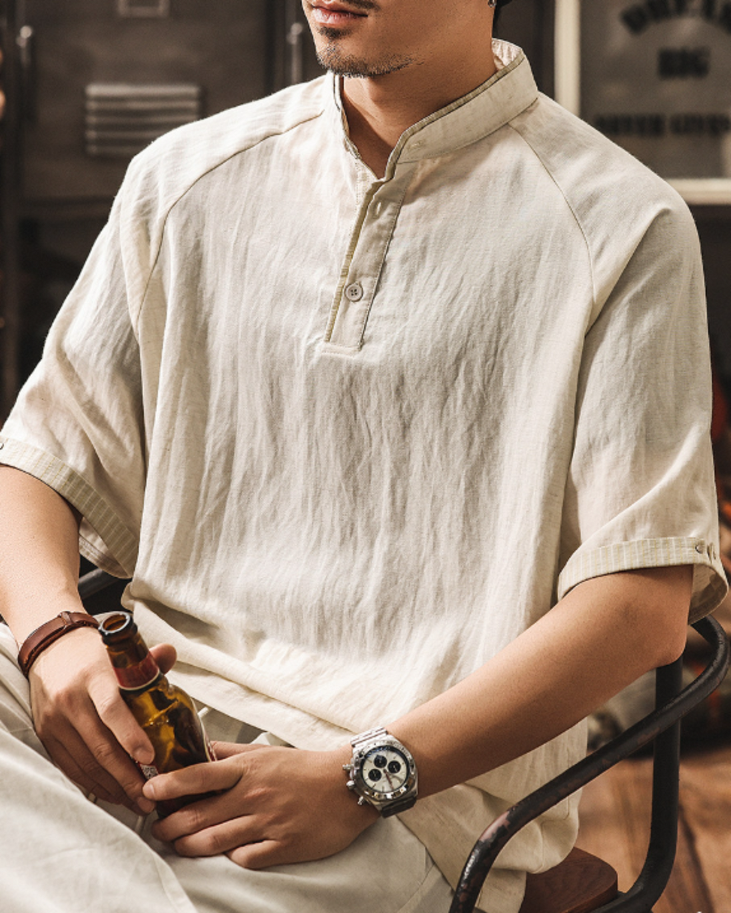 band collar henley neck short sleeve shirt 2color 【ACT0166】