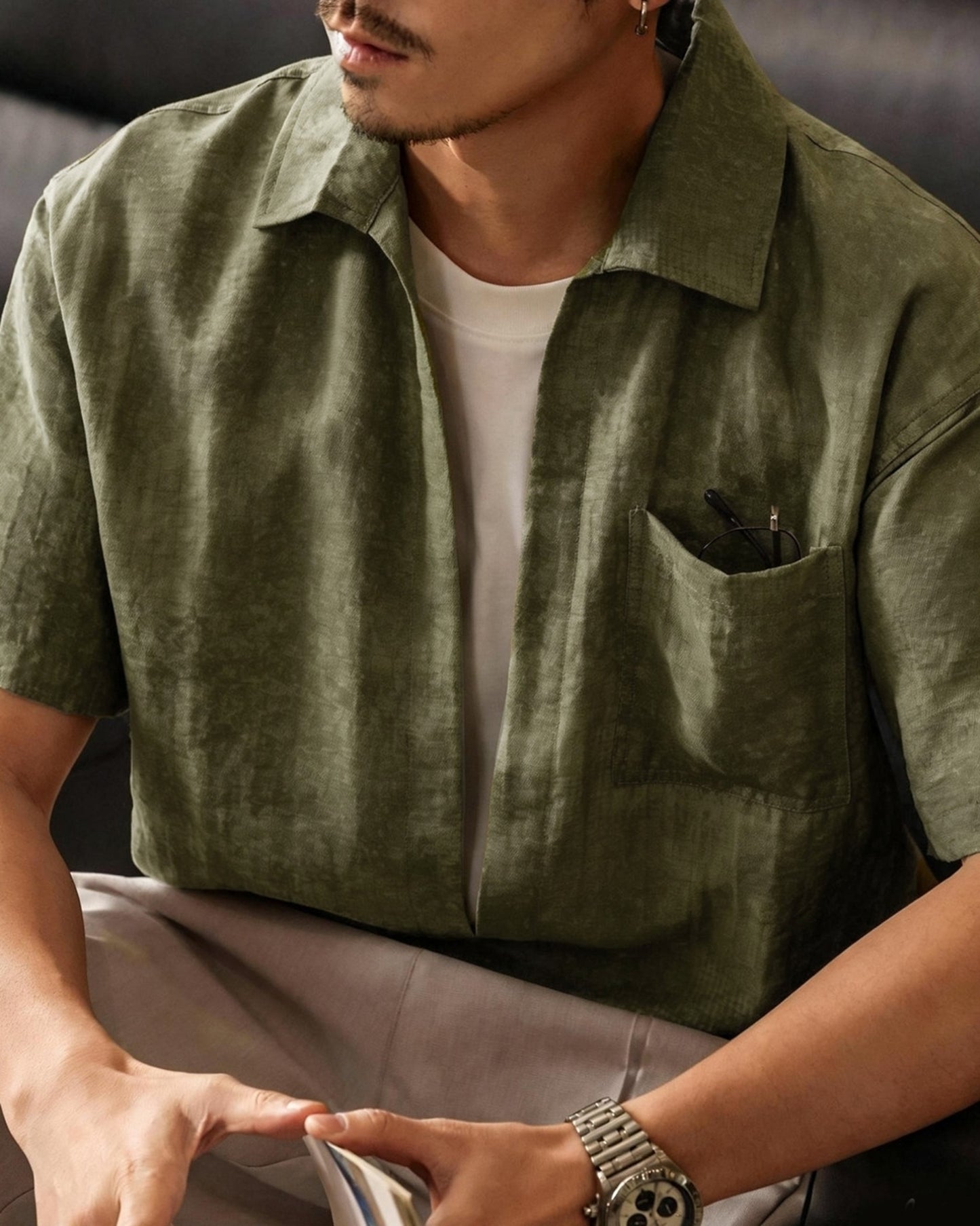 linen look loose short sleeve shirt 3color 【ACT0232】