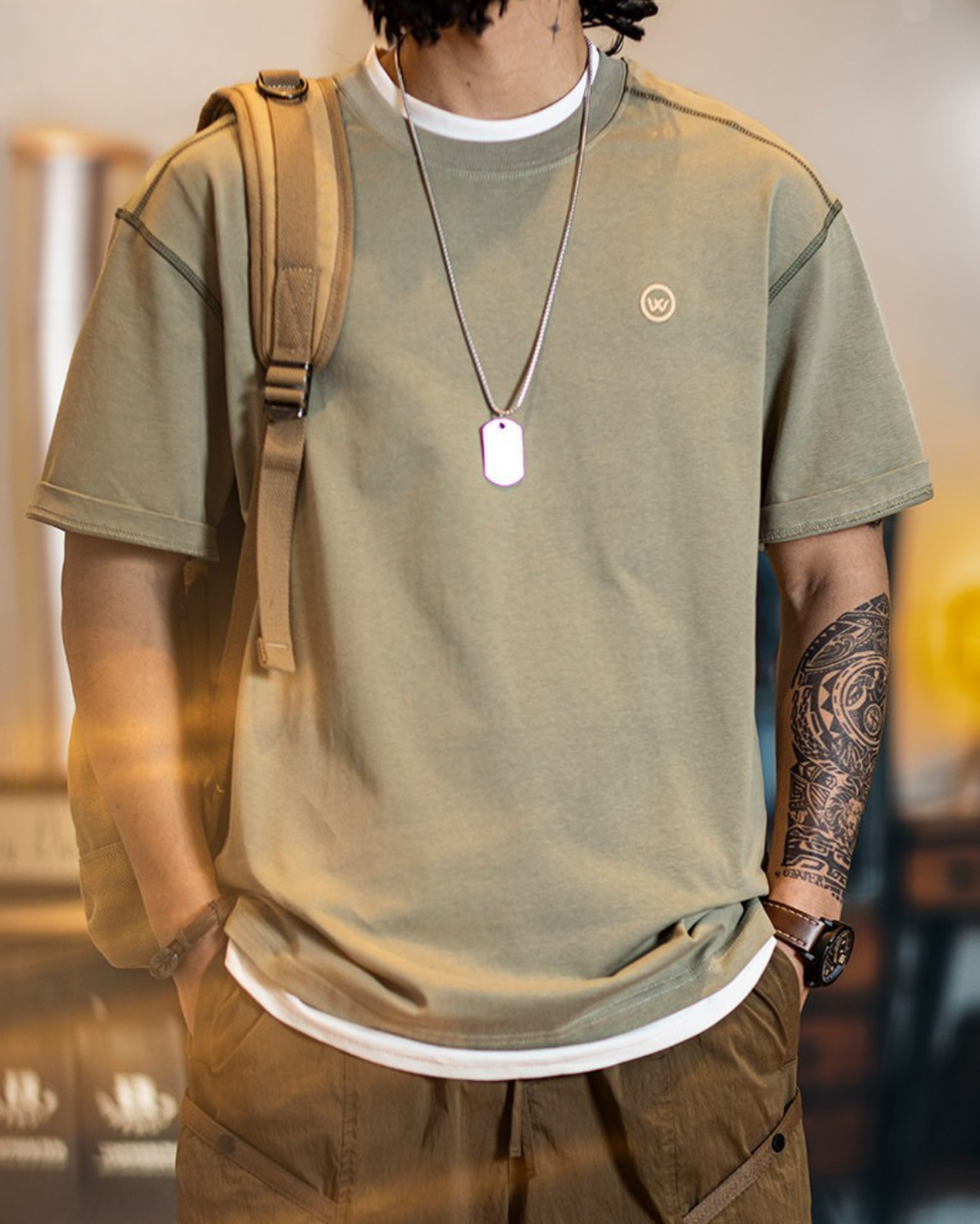 Panel stitched embroidered t-shirt 4color 【ACT0065】