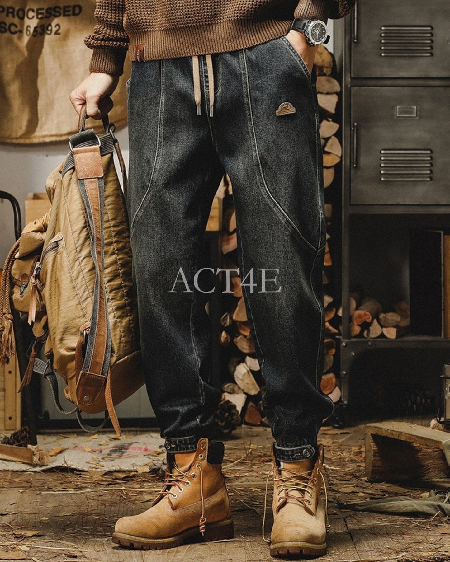 vintage heavy weight relaxed jogger denim pants 【ACT0201】