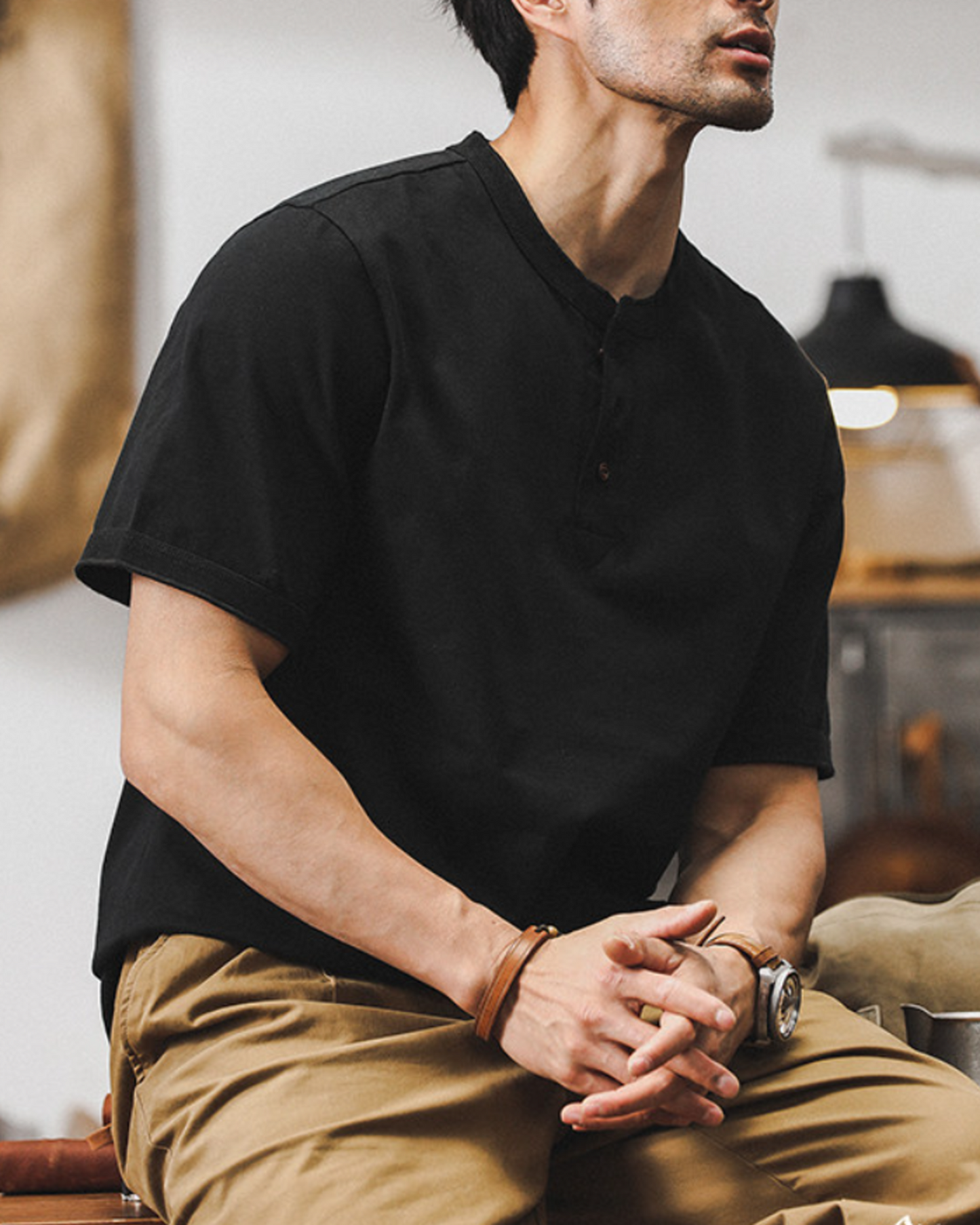 loose cotton henley neck t-shirt 5color 【ACT0164】