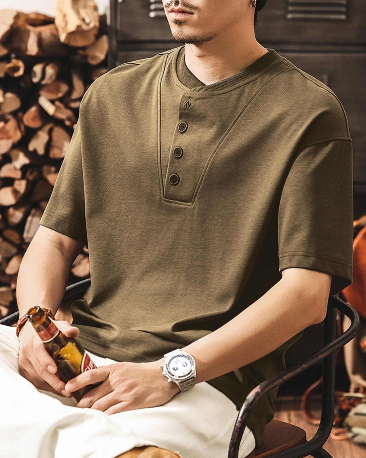 american retro henley neck short sleeve t-shirt 2color 【ACT0161】