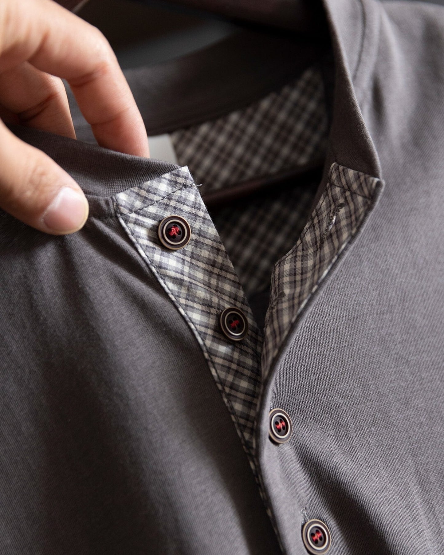 Check Plaid Henley-Neck Loose Casual T-Shirt 【ACT0078】