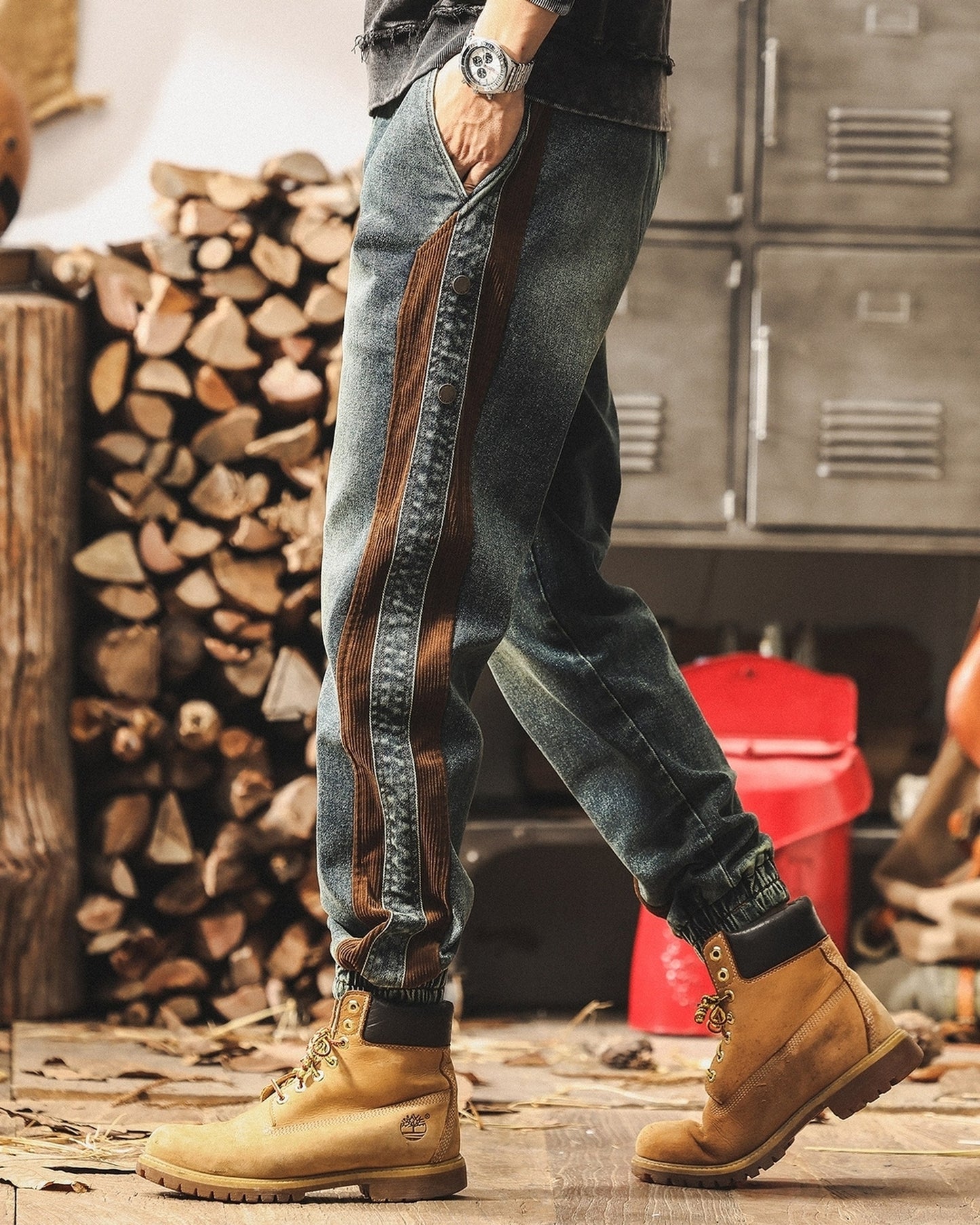 vintage stitched side corduroy jogger denim pants 2color 【ACT0207】