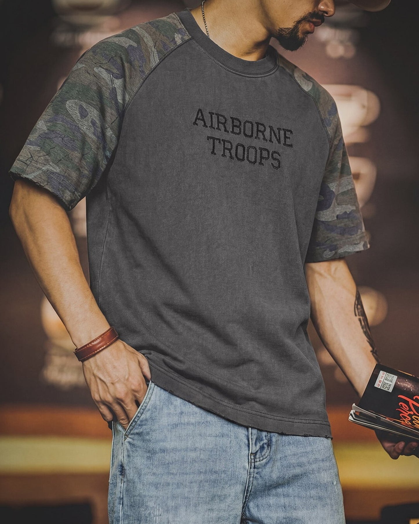 Military-Camo Raglan-Sleeve Loose Casual Short-Sleeve T-Shirt 2color 【ACT0127】