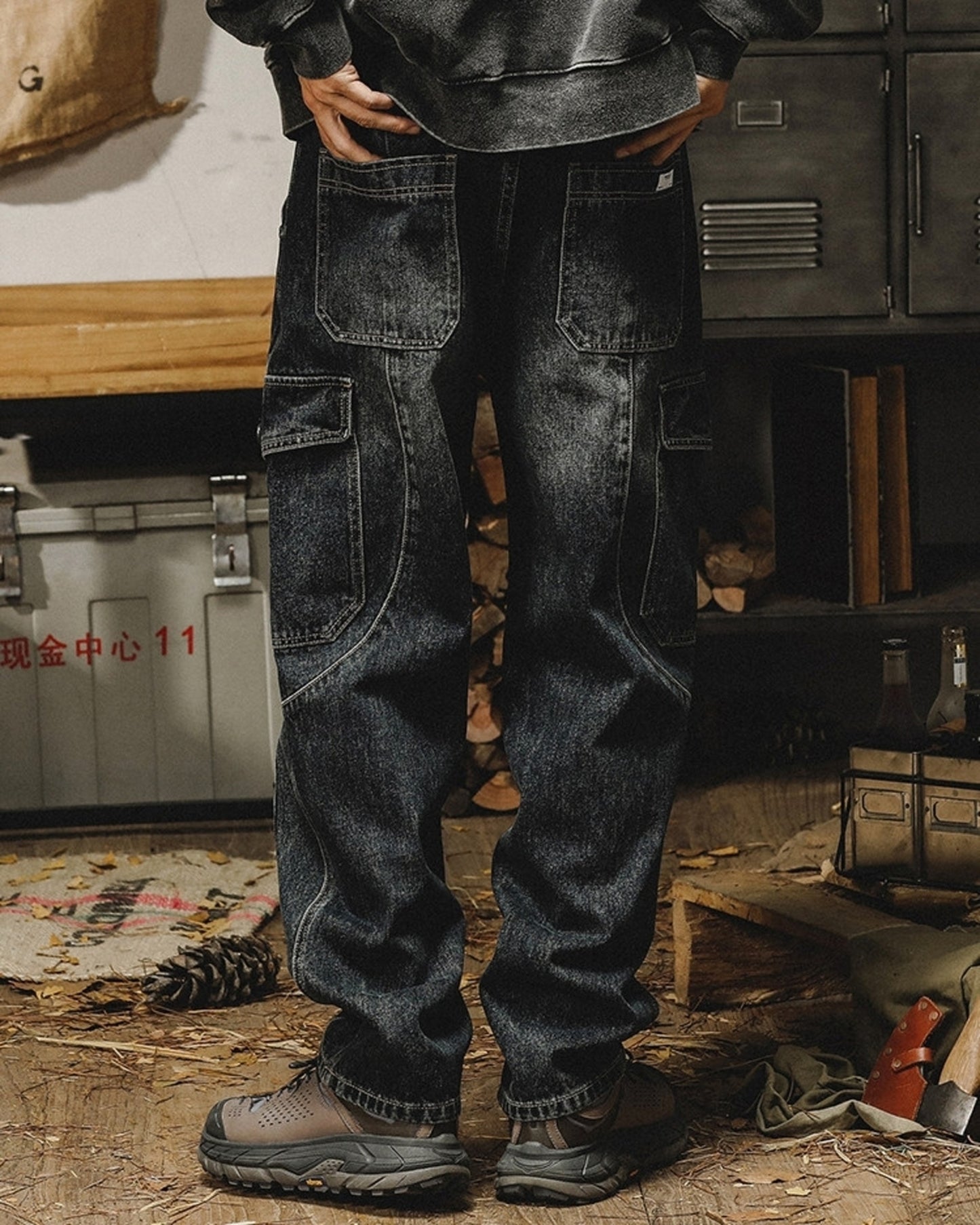 heavy weight vintage cargo denim pants 【ACT0196】