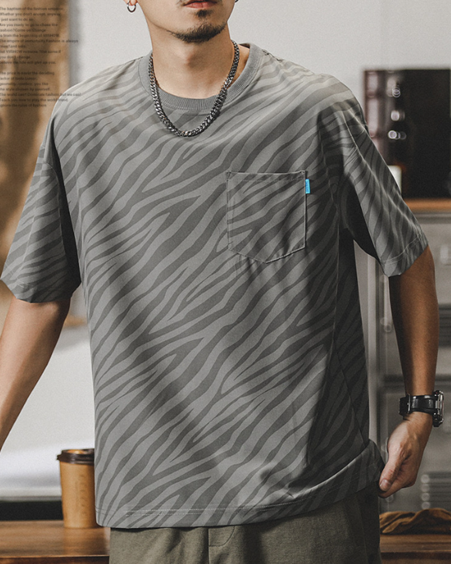 zebra striped pocket short sleeve t-shirt 3color 【ACT0165】