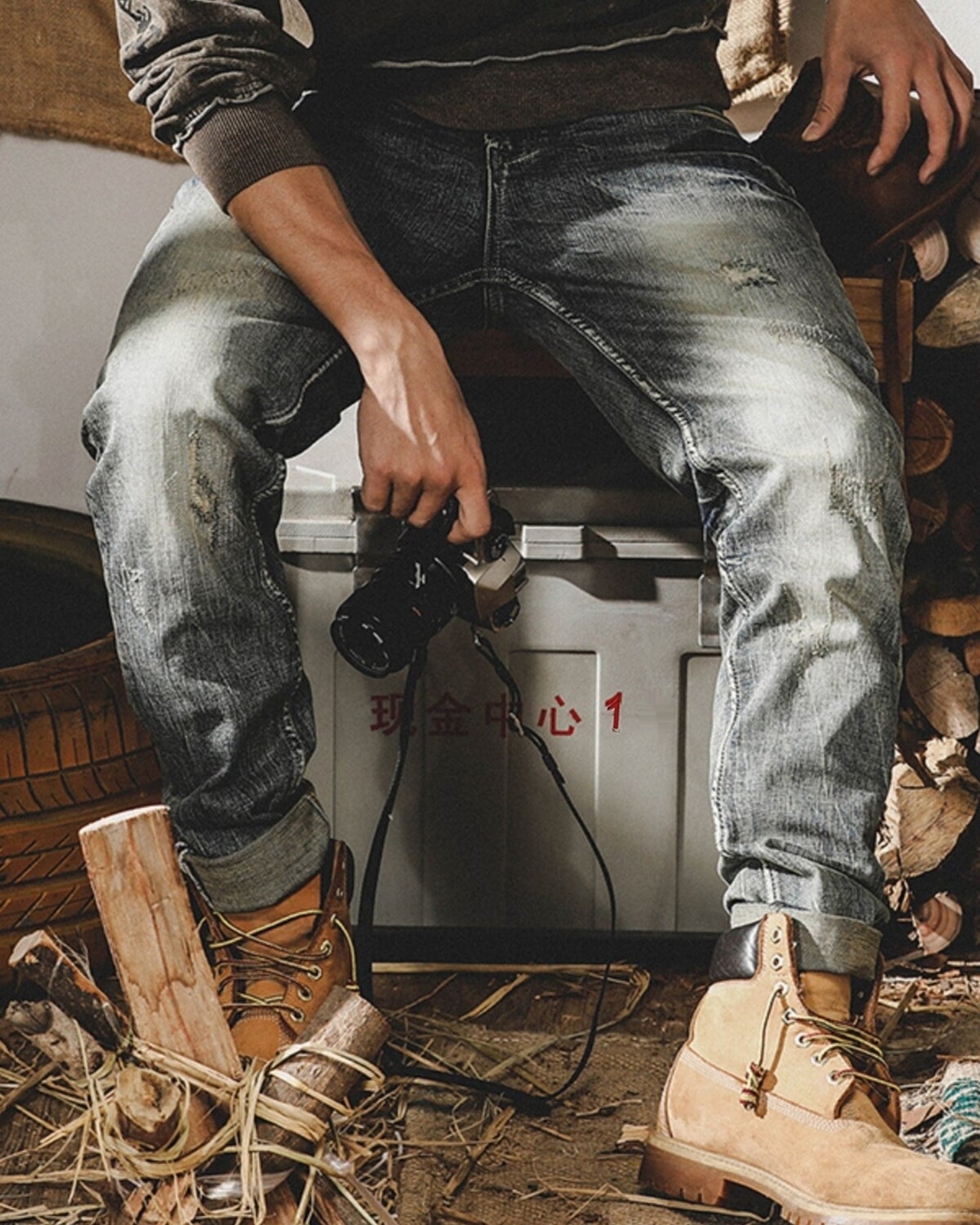 heavy slim straight distressed denim pants 【ACT0183】
