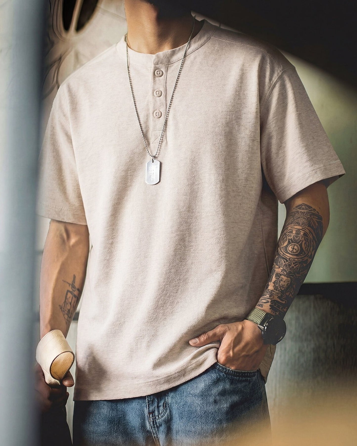 Henley-Neck Slub-Cotton Loose-Casual Short-Sleeve T-Shirt 2color 【ACT0126】