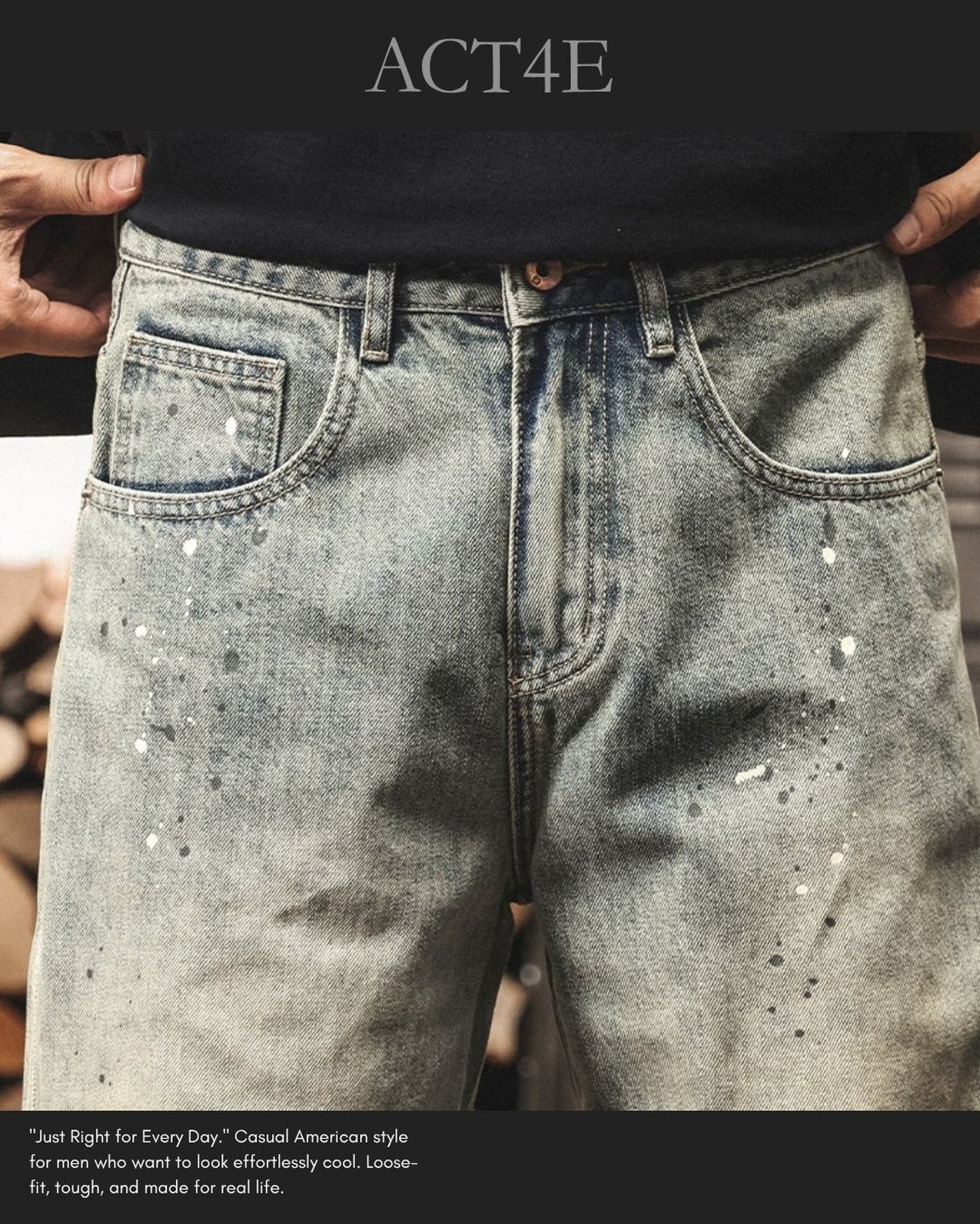 vintage wash splash loose straight denim pants 【ACT0225】